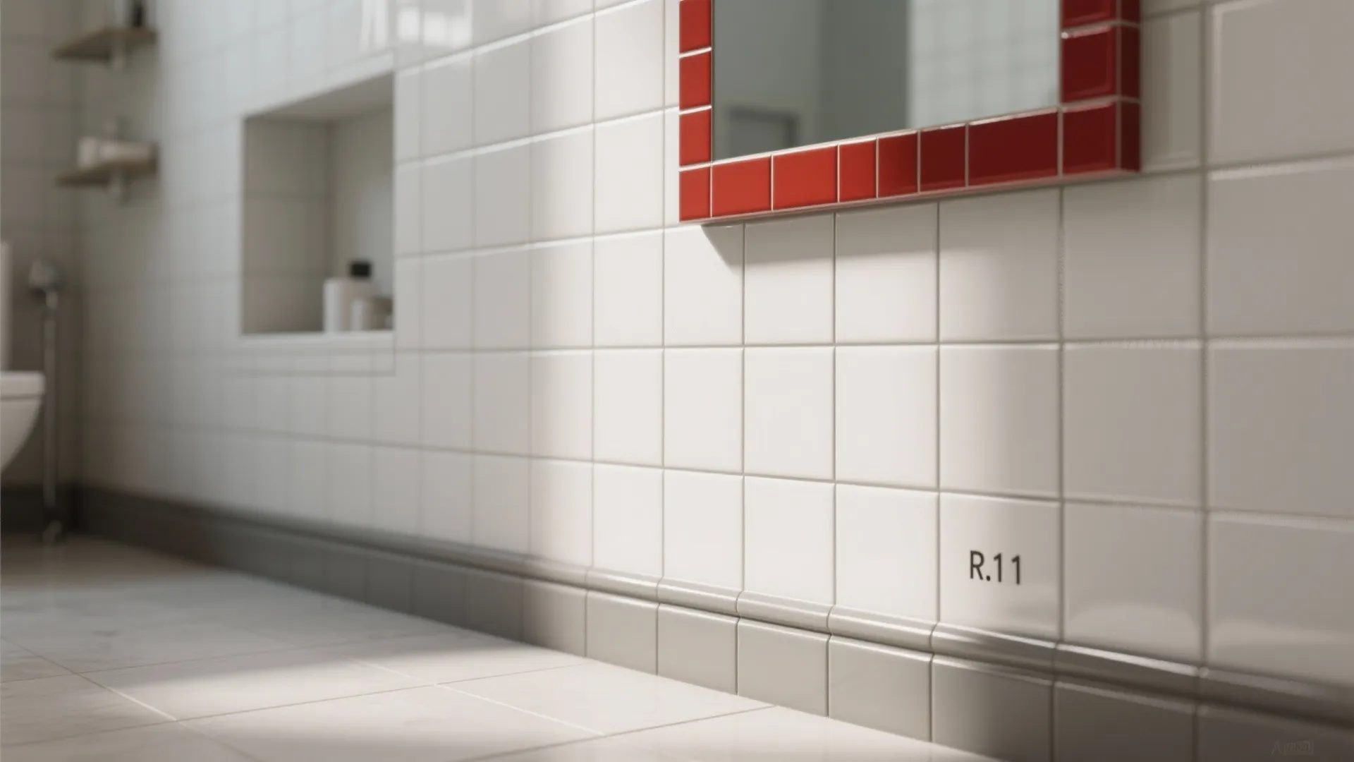 White wall tiles meet grey floor tiles near mirror with a red colored tiled frame