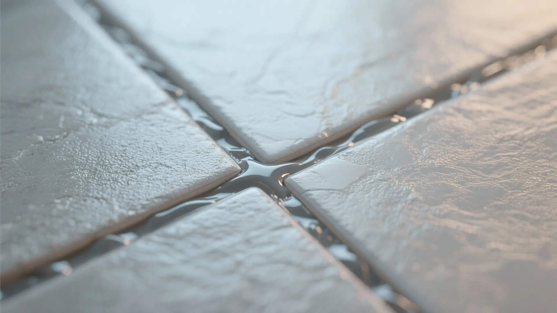 Close up view of wet grey floor tile joints being filled with waterproof liquid grout material