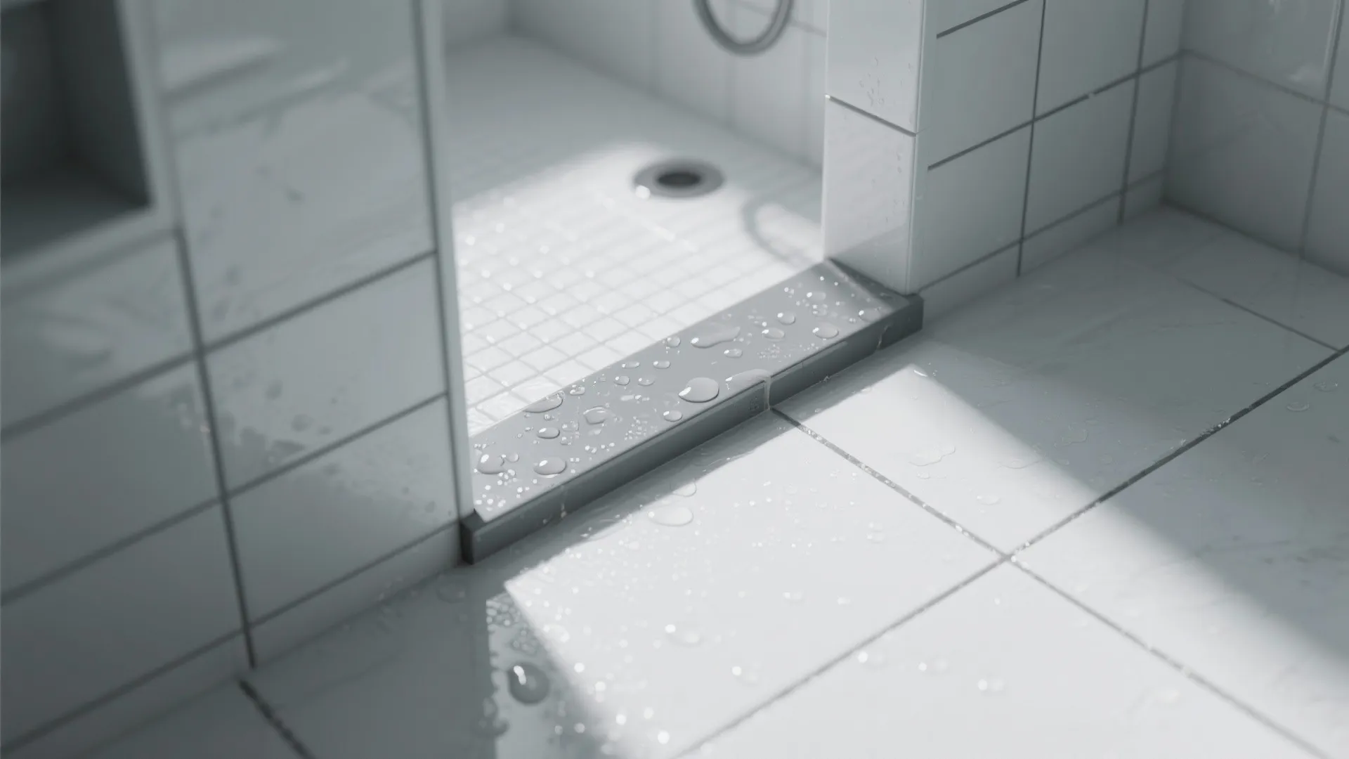 Water droplets on grey shower frame next to white wall tiles and bathroom floor drain