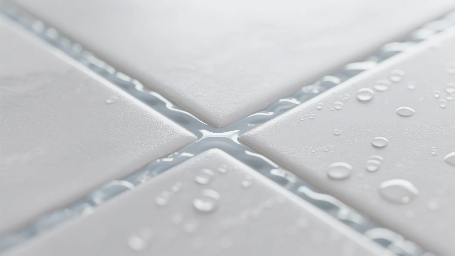 Close up of white bathroom tiles with water droplets on clean grey waterproof tile grout