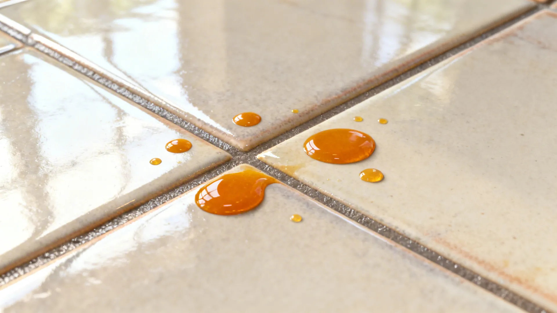 Macro of epoxy grout with turmeric-colored droplet beading off glossy tiles.