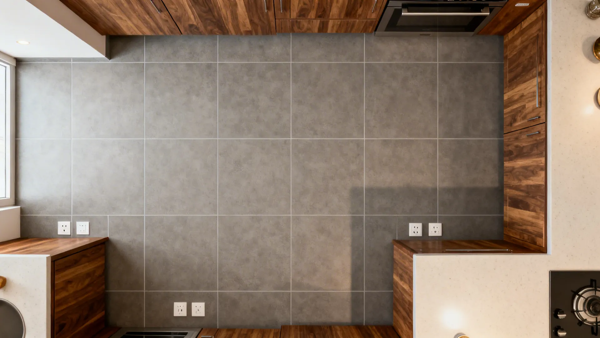 Top-down visualization of 300x600 mm tiles with mid-tone epoxy grout reducing lines in a compact kitchen.