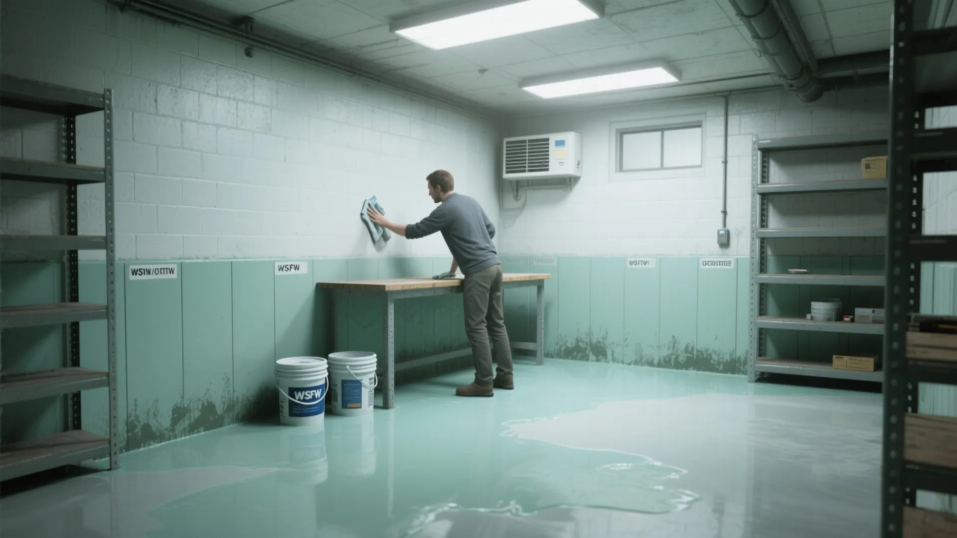 Man cleaning white basement wall near wooden workbench with green floor coating and metal storage shelves