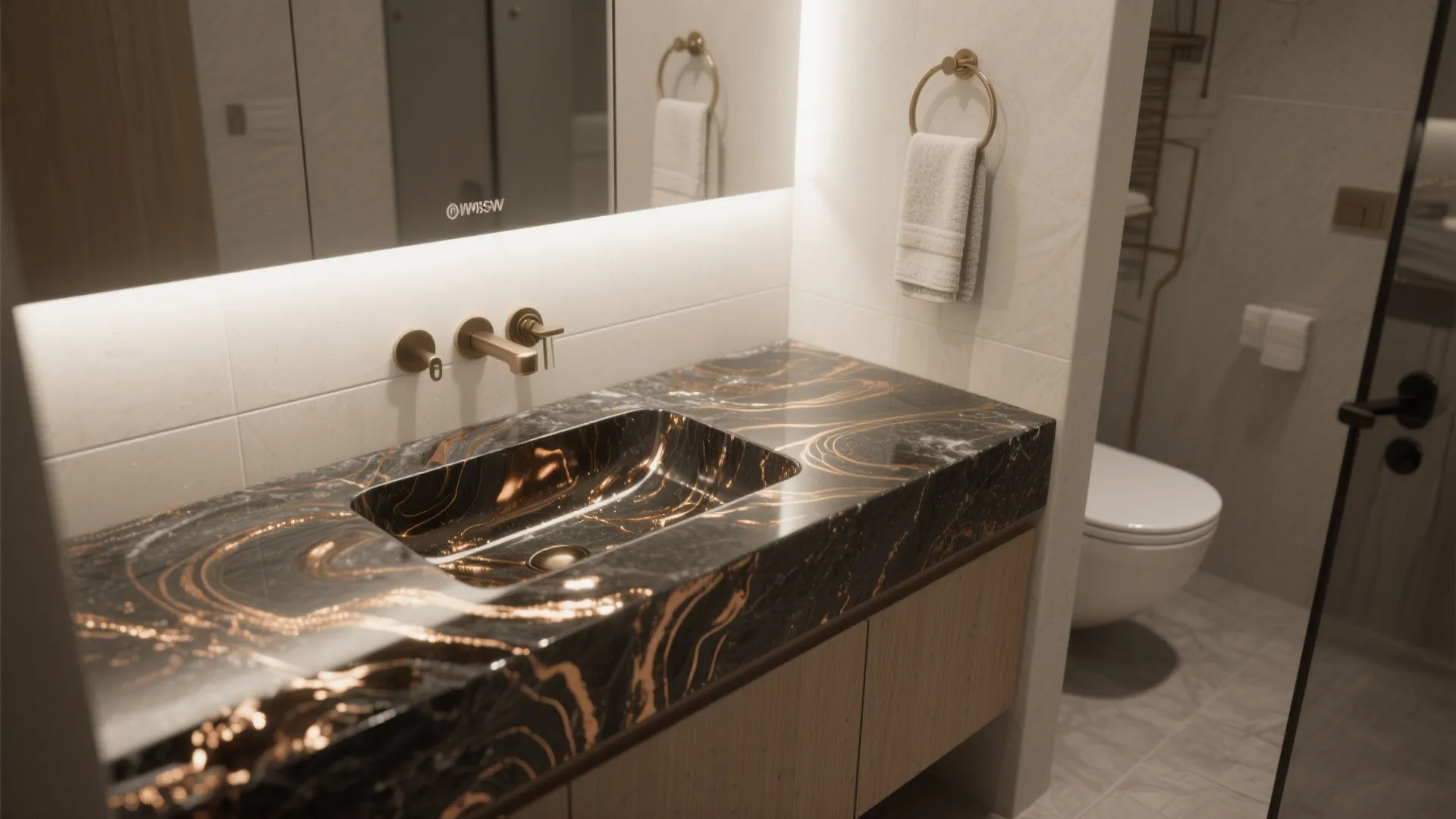Black and gold marble countertop with gold wall light fixture mirror and white toilet inside