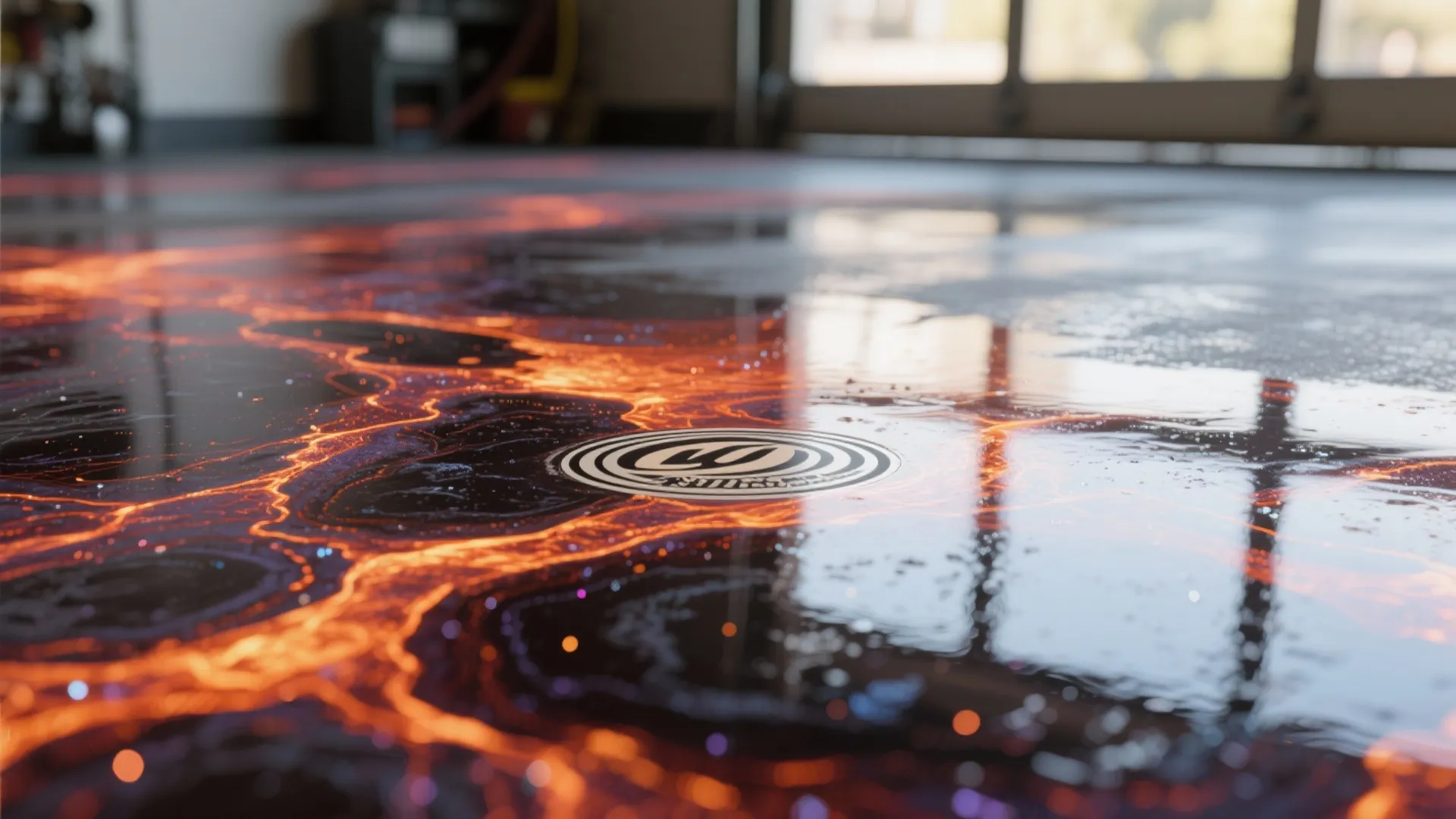 Shiny black garage floor with orange glow pattern and reflective surface in a clean space