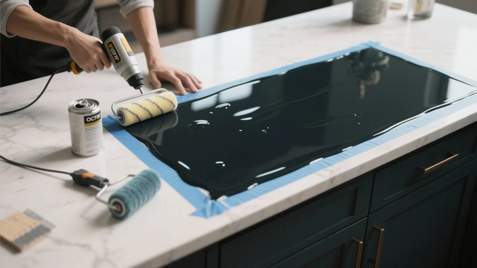 Person applying black epoxy paint to a white marble kitchen counter using a small paint roller