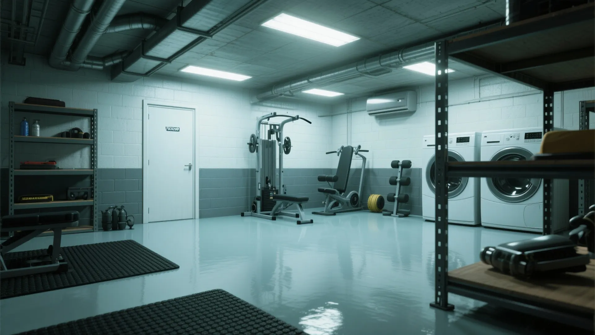 Spacious basement gym interior featuring workout equipment laundry machines grey floors and bright ceiling lights