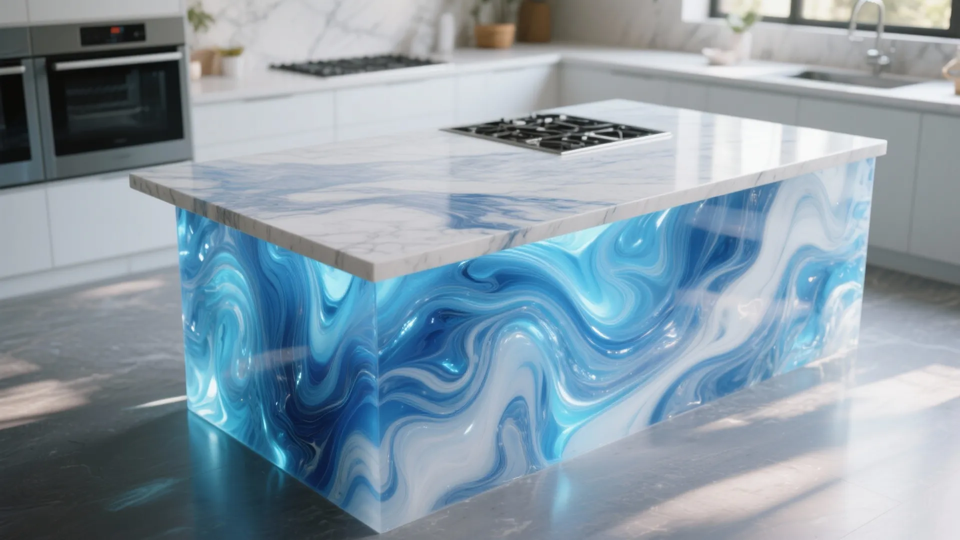 Modern kitchen island with white marble countertop and glowing blue swirling wave pattern resin base