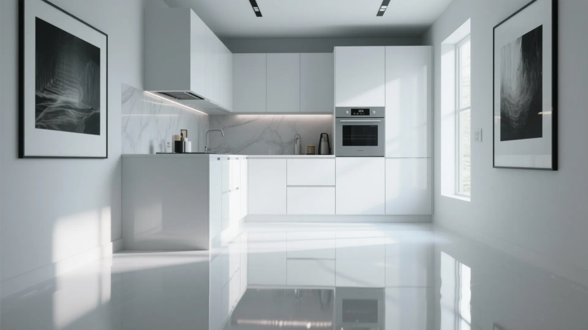Minimalist white kitchen with glossy floor reflecting light featuring simple cabinets and black wall art frames