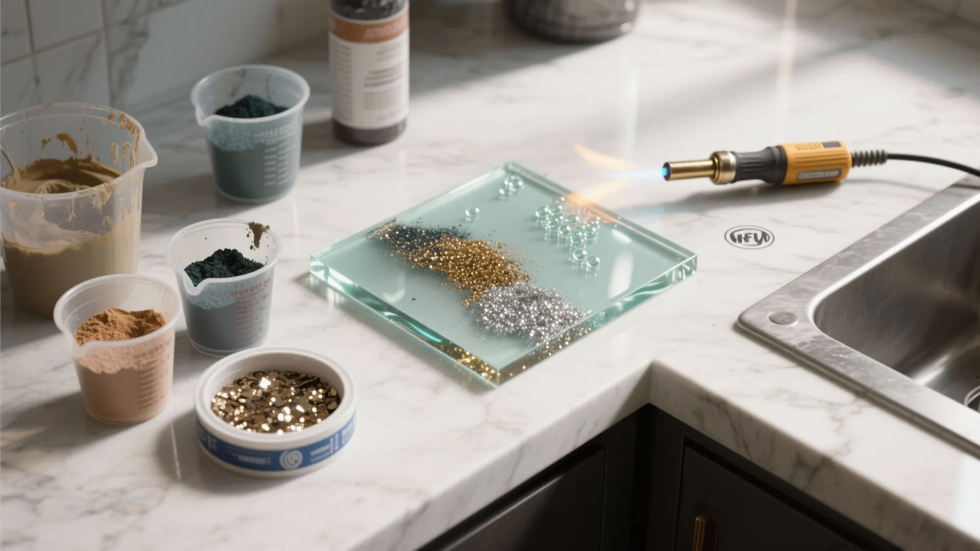 Heat tool blowing flame on glass plate with gold and silver glitter on white marble counter