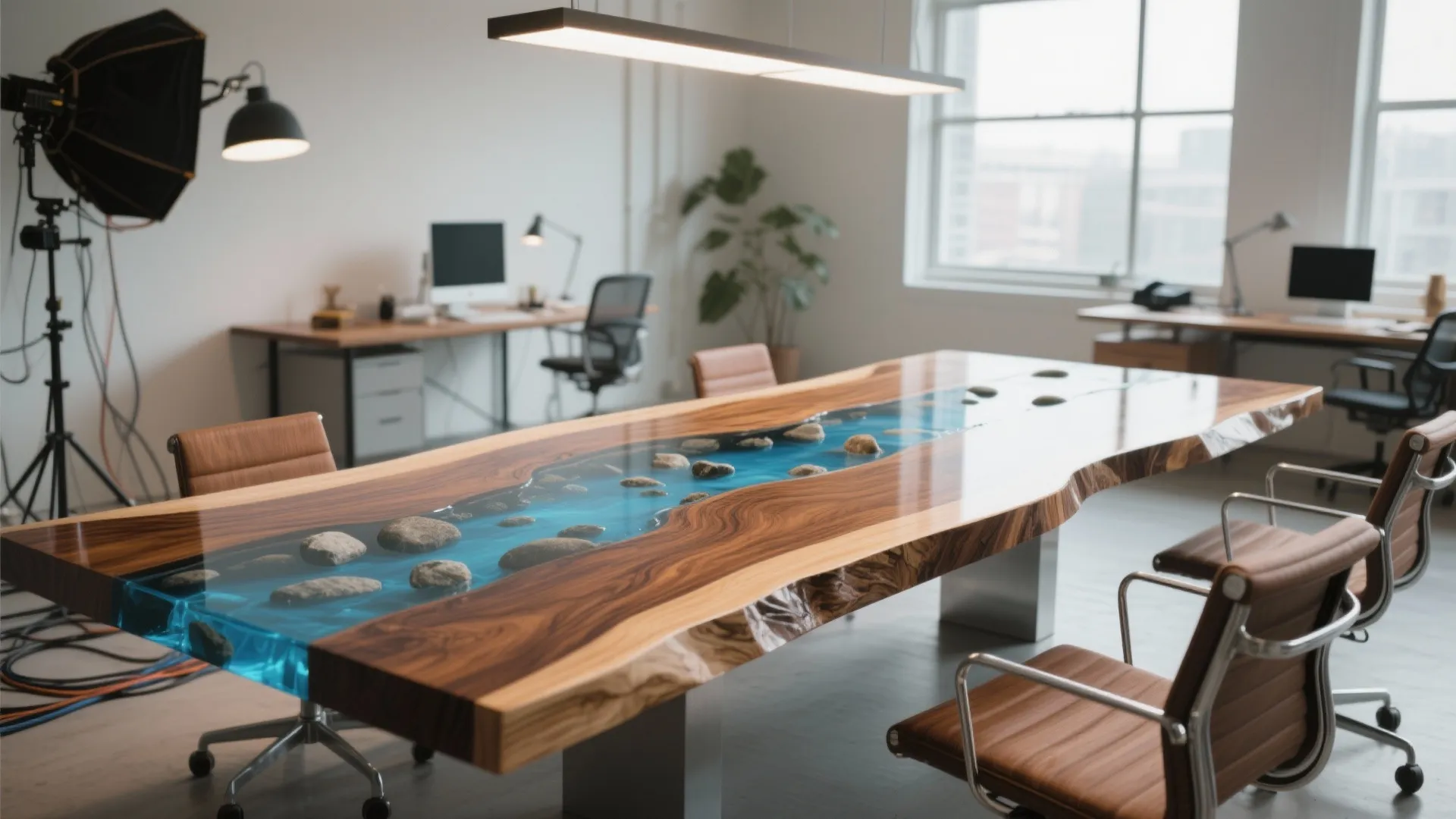 Modern wood table with blue resin river and stones in office with desks and chairs