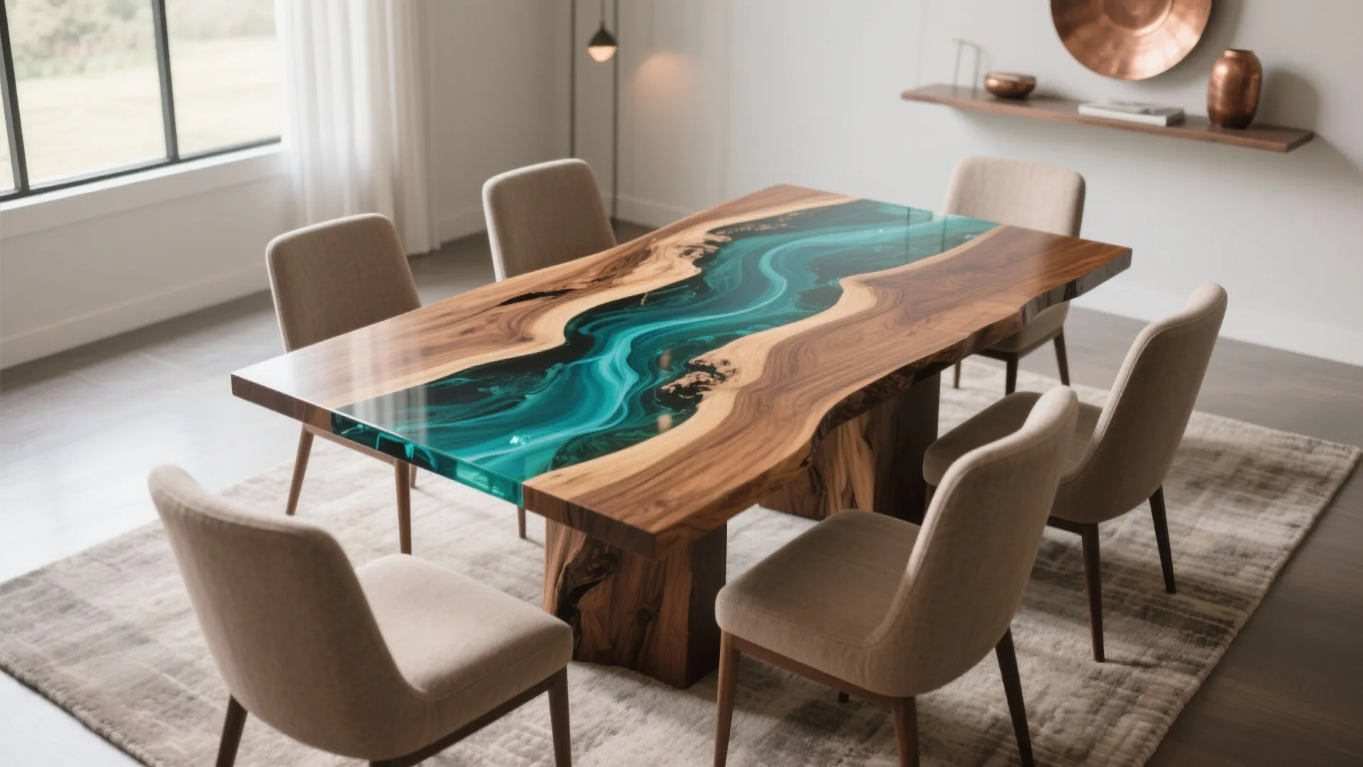 Modern wood dining table with blue epoxy resin river design and beige chairs on rug