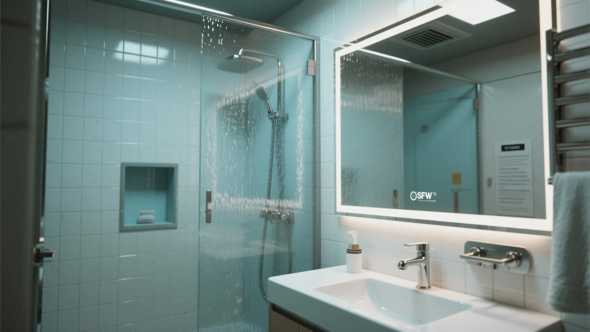 Modern bathroom with white tiles, glass shower door, lighted mirror, white sink, and silver faucet
