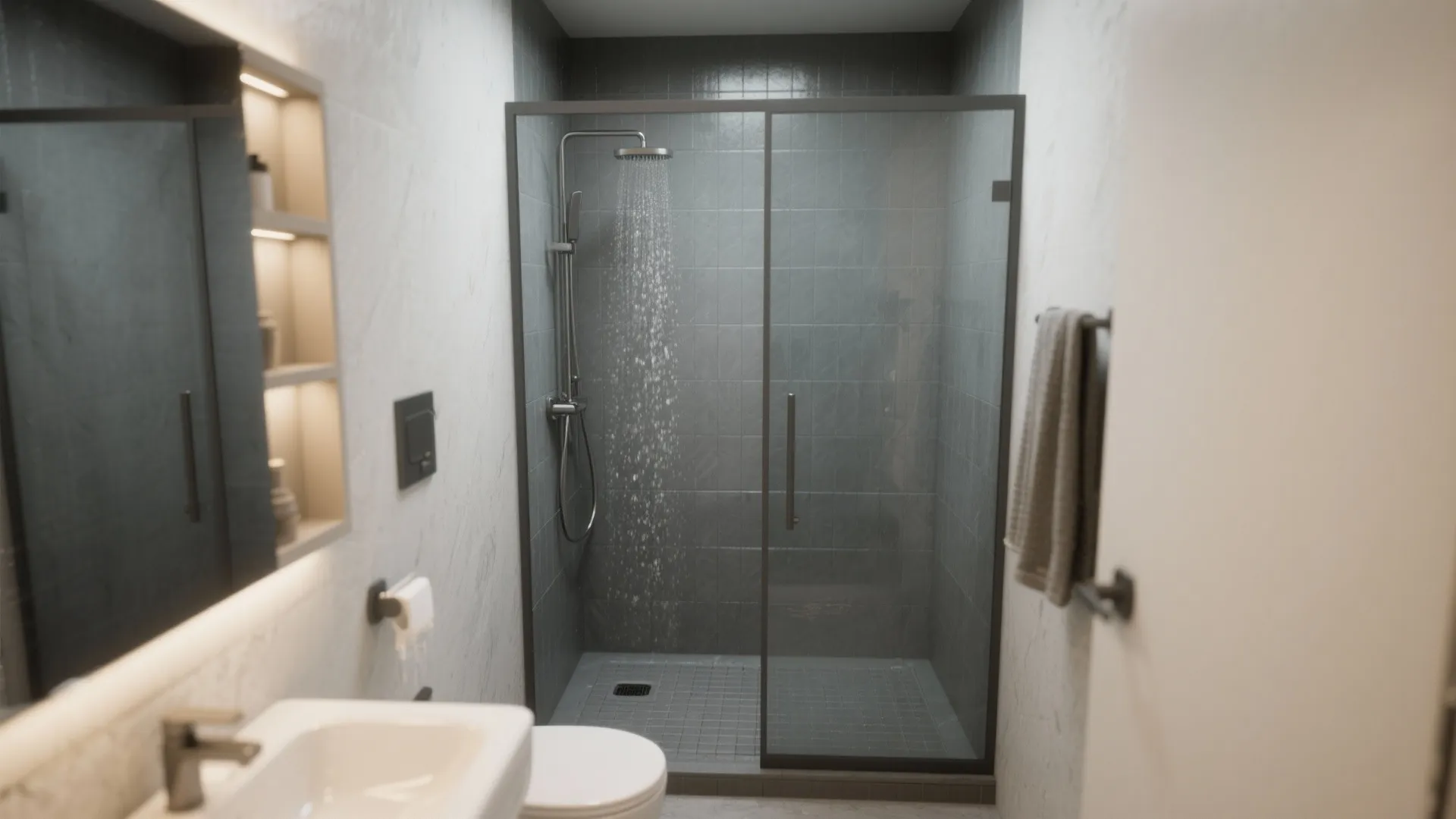 Modern bathroom interior design showing a glass shower cabin with grey tiles and running water head