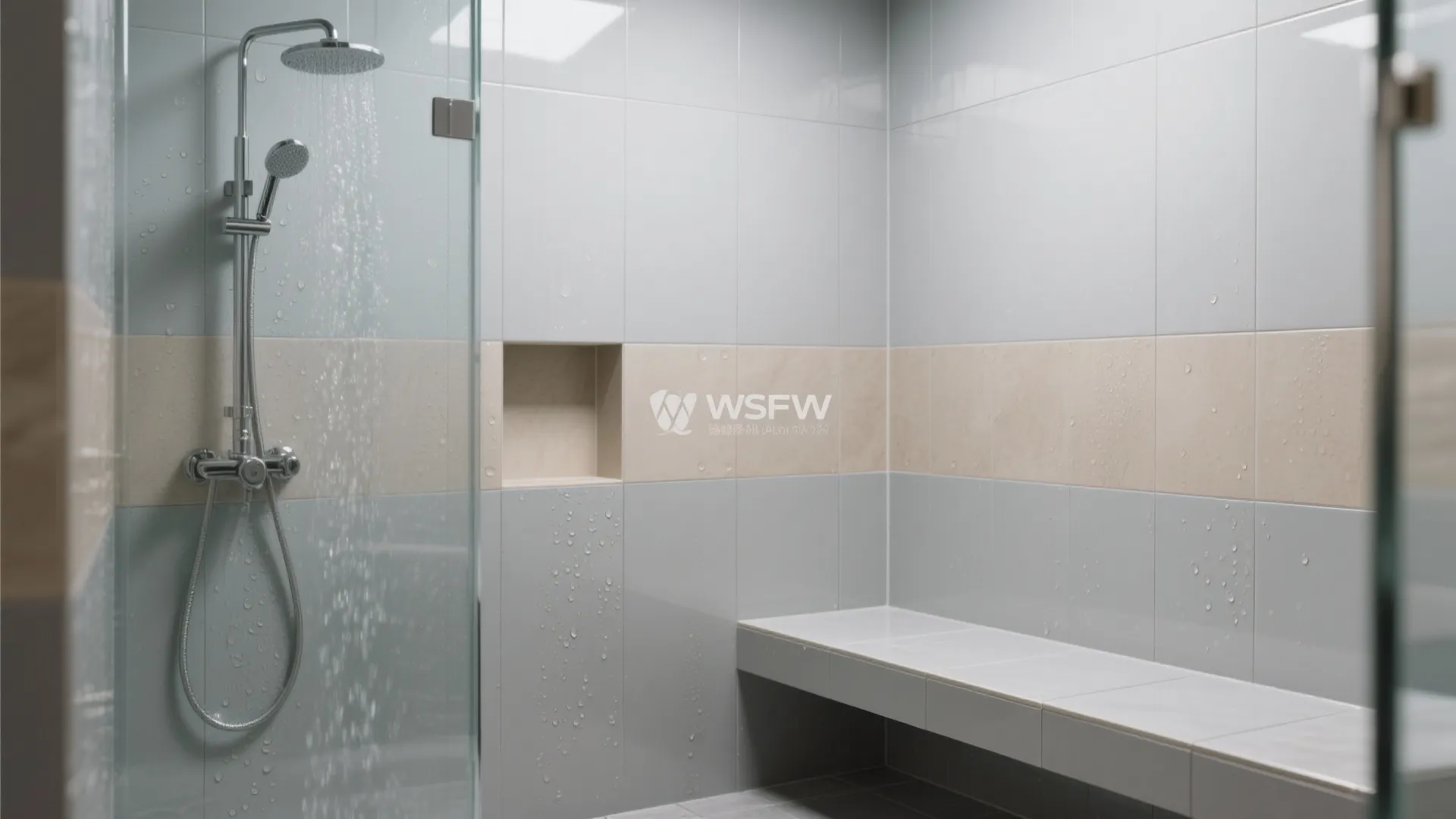 Modern shower room with light blue wall tiles shower head glass door and a tiled bench