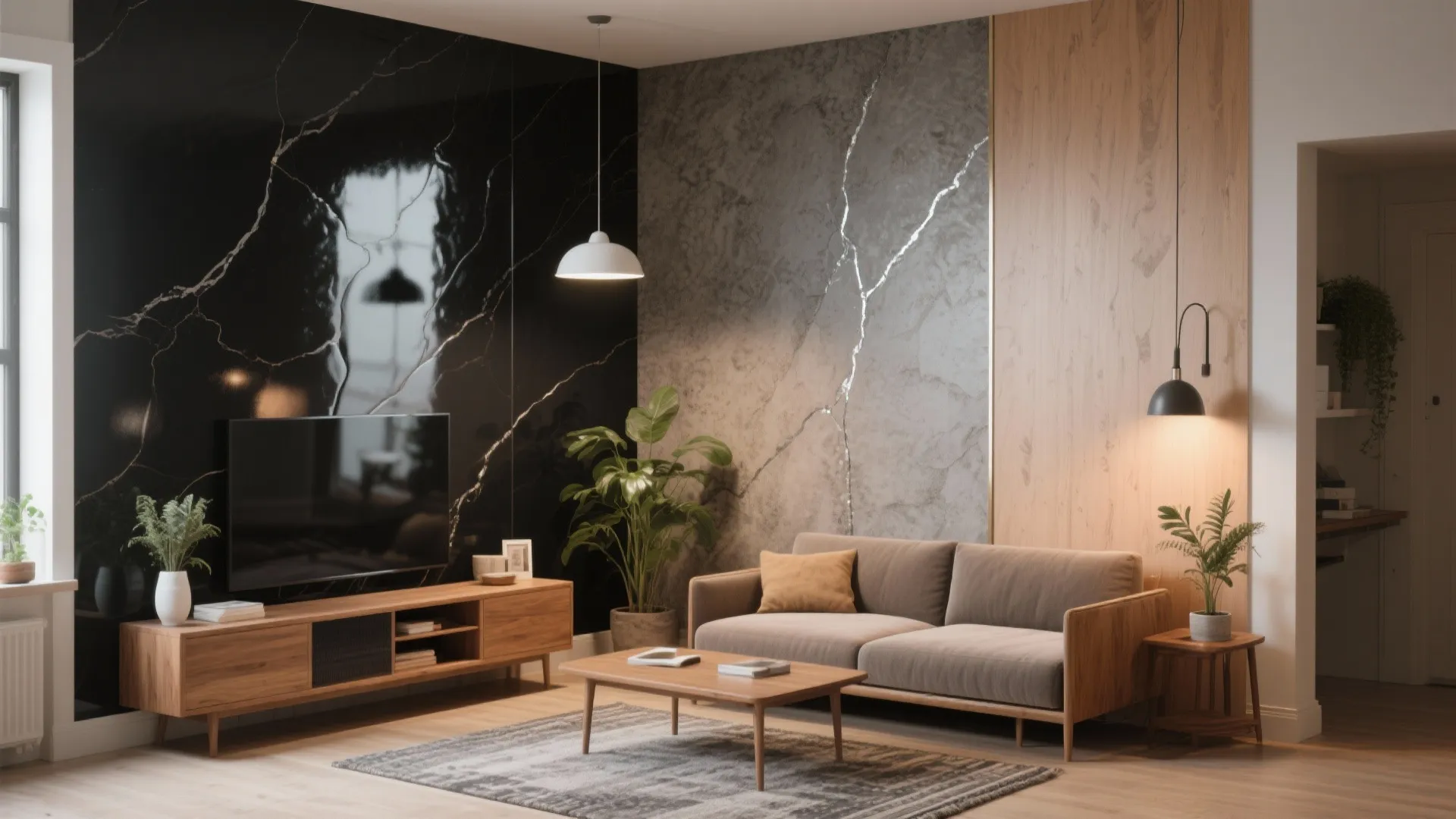 Modern living room with grey sofa wooden cabinet marble effect wall panel and white ceiling light