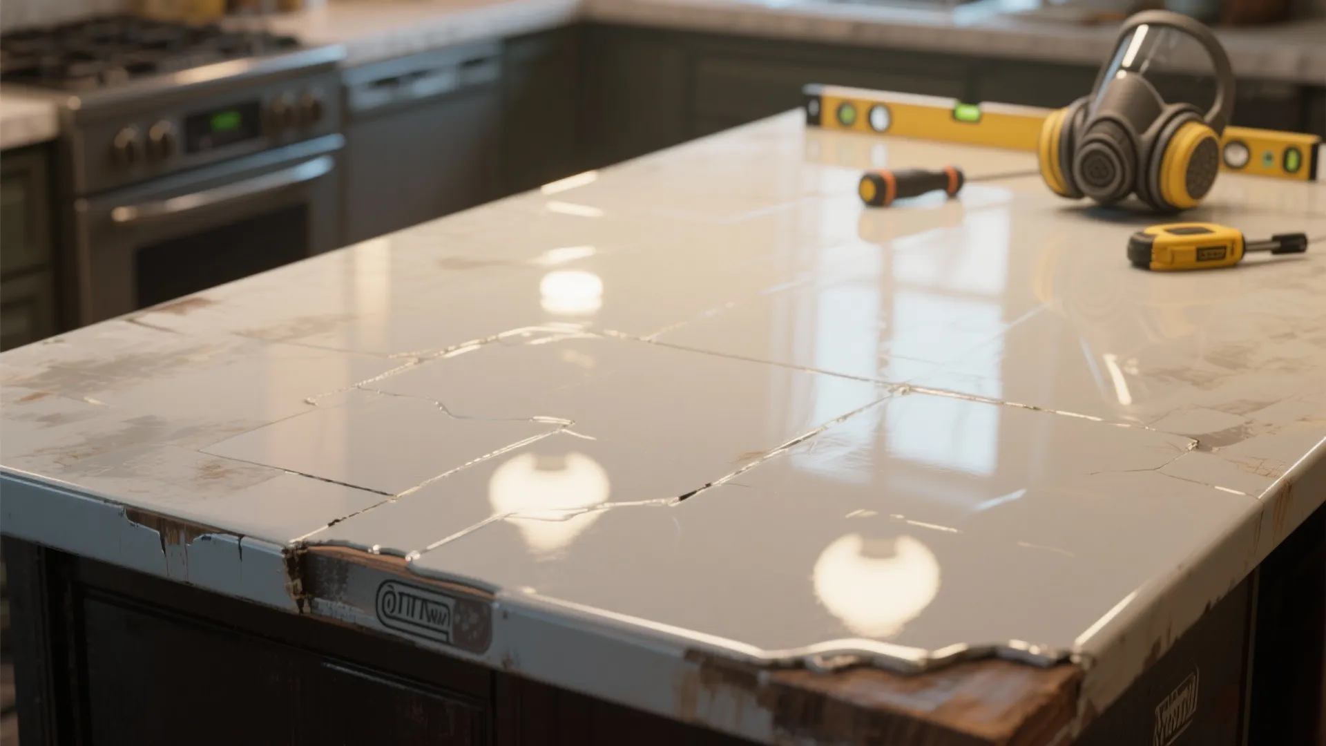 Glossy white resin coating on kitchen counter with yellow tools and safety mask for renovation