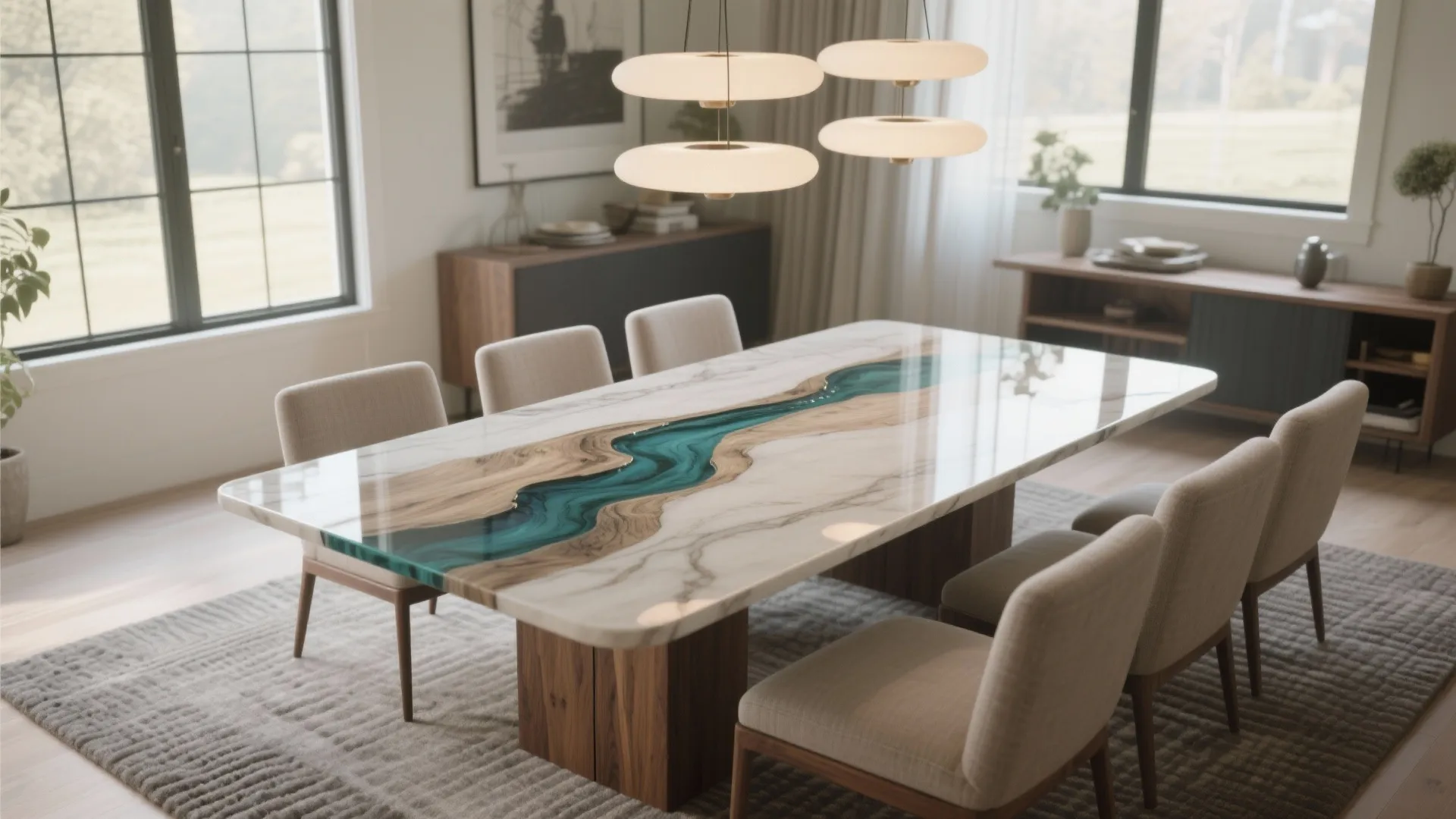 Wood and blue resin table with six beige chairs and hanging white round ceiling lights