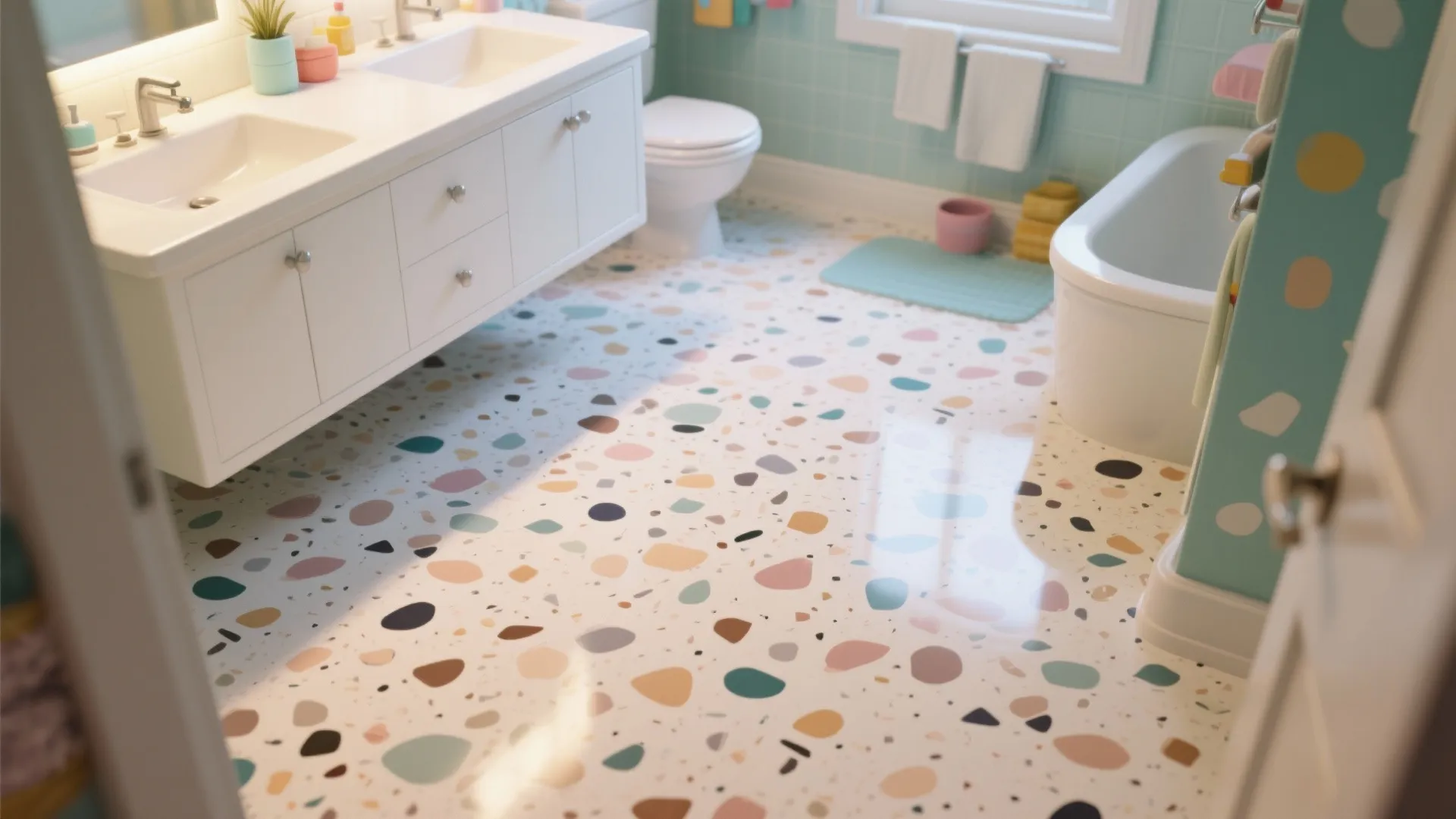 Bright bathroom with colorful speckled floor tiles, white double sink cabinet, bathtub, and blue walls