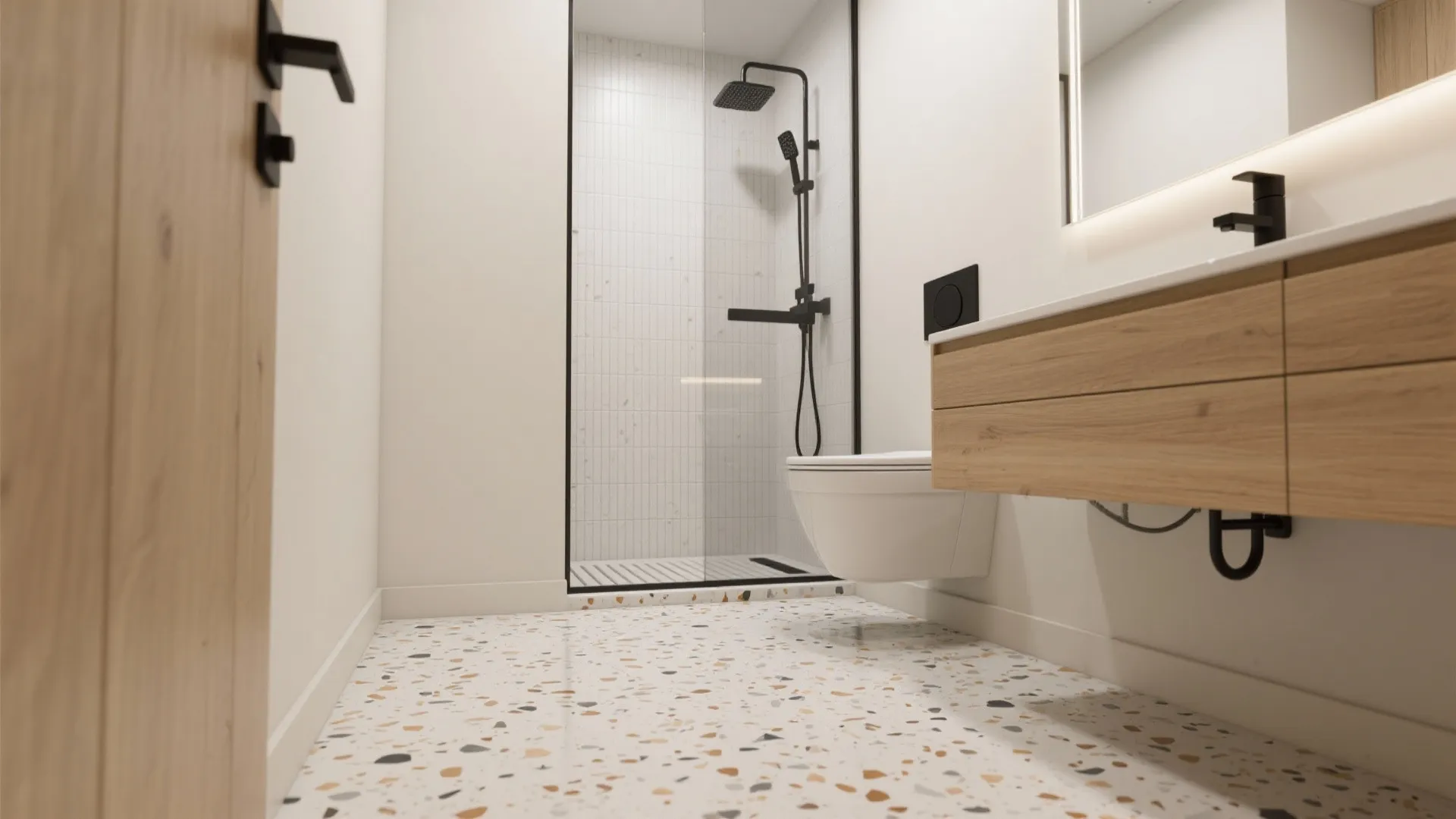 Epoxy terrazzo-look floors in micro bathrooms