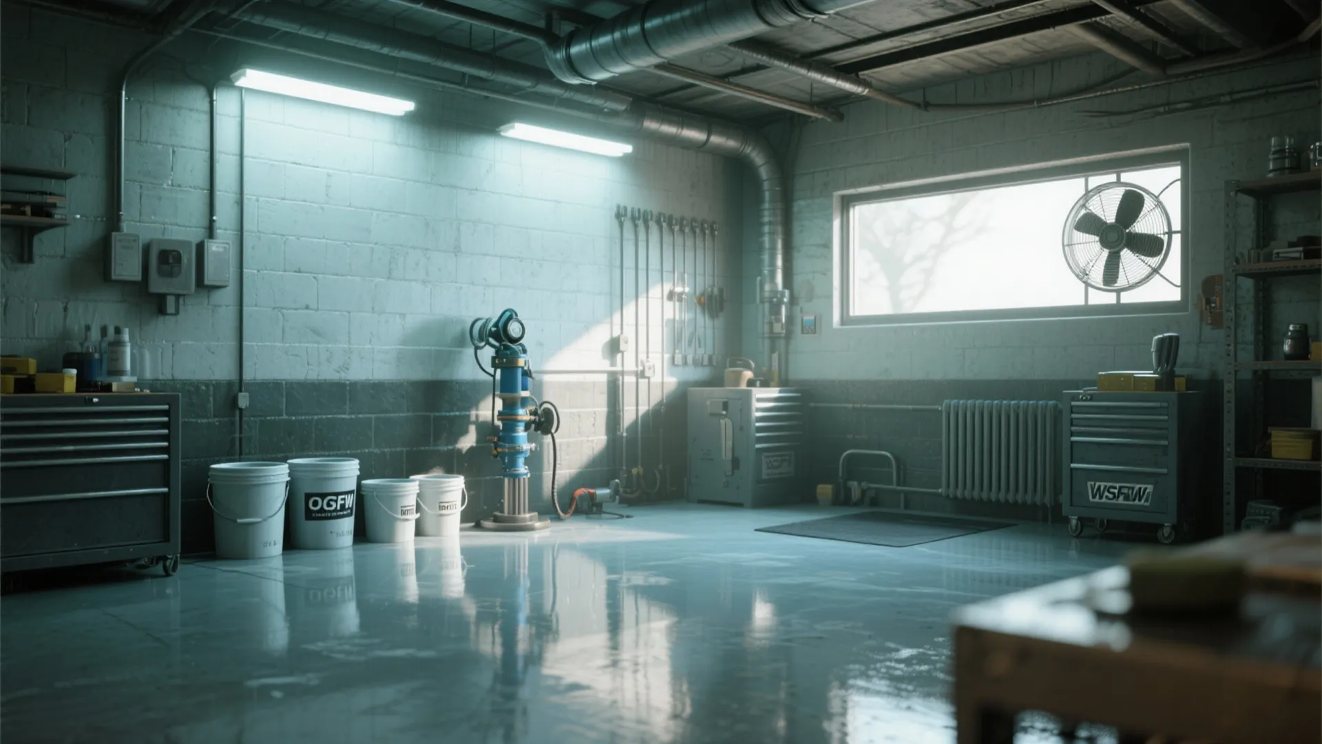 Industrial basement workshop with glossy epoxy floors light fixtures metal cabinets and a large wall window