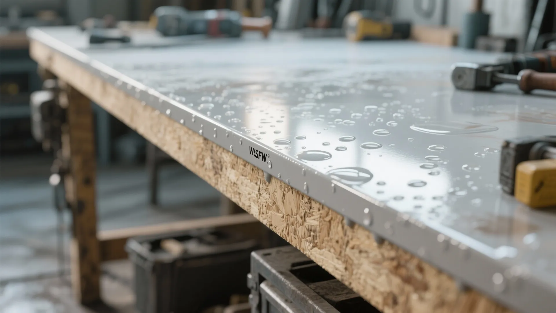 Close up of a wooden workshop table with a smooth grey top and water droplets