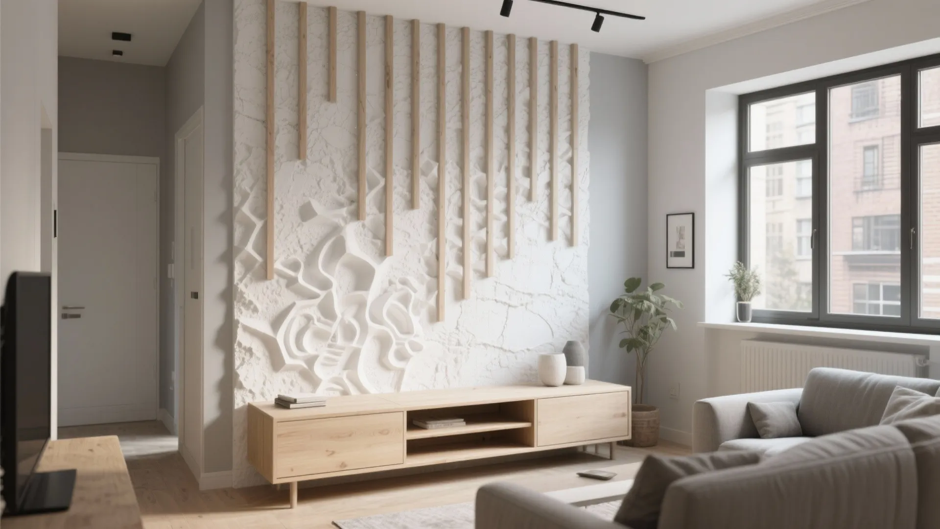 Modern living room with a textured white wall feature, wooden cabinet, grey sofa, and window