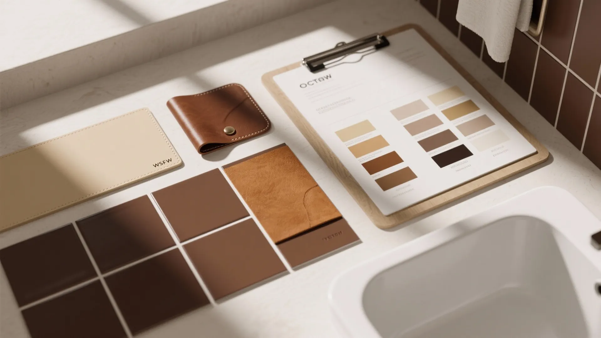 Brown and beige color palette showing leather samples and wall tiles next to a white sink