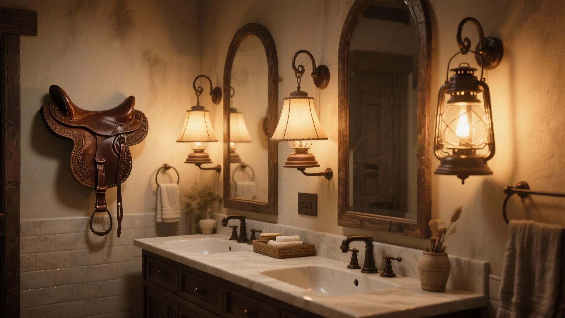 Bathroom vanity with double sinks two arched mirrors warm wall lights and a leather saddle
