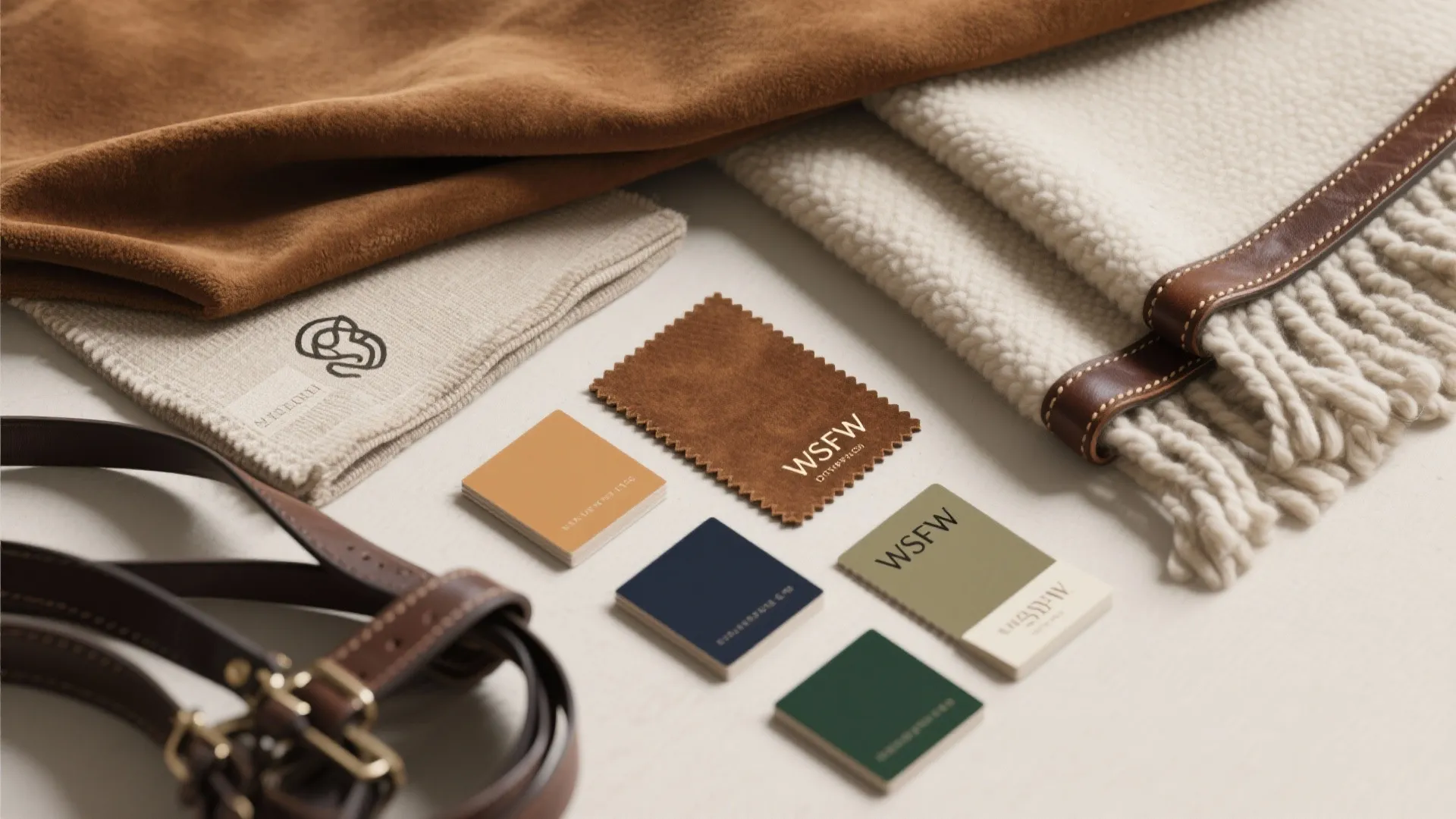 Top-down fabric and color swatch flatlay showing tan, saddle brown, cream, navy, and hunter green textures.