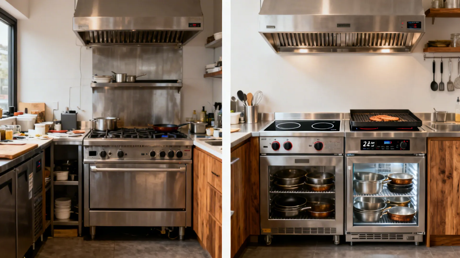 Before-and-after cook line replacing a bulky range with induction, plancha, and a chef base.