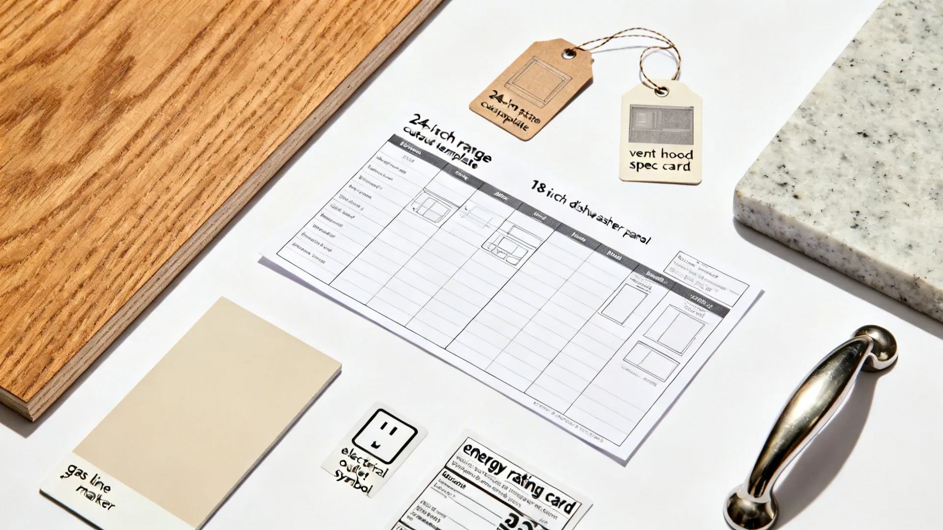 Flat lay of compact appliance templates with finishes: oak veneer, quartz, matte beige, and hardware.