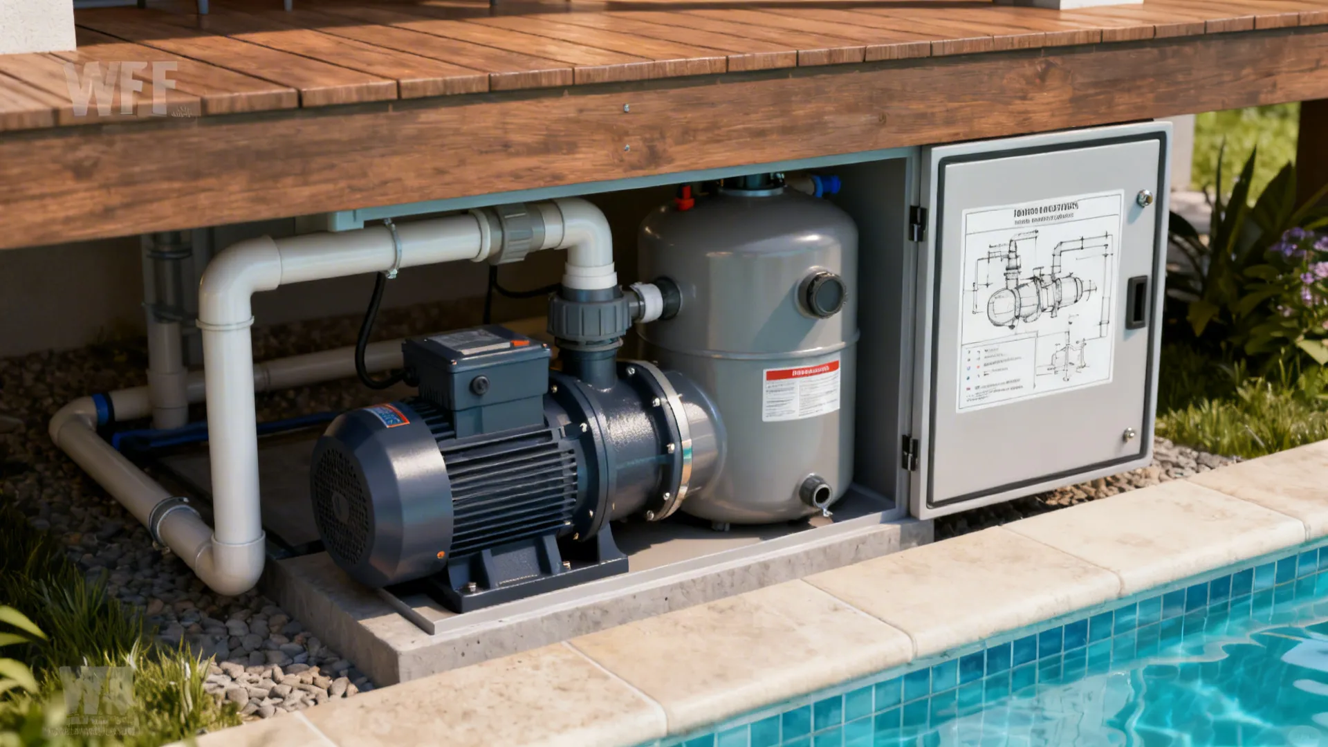 Compact pool pump and filter neatly stored under a raised deck with an access panel.