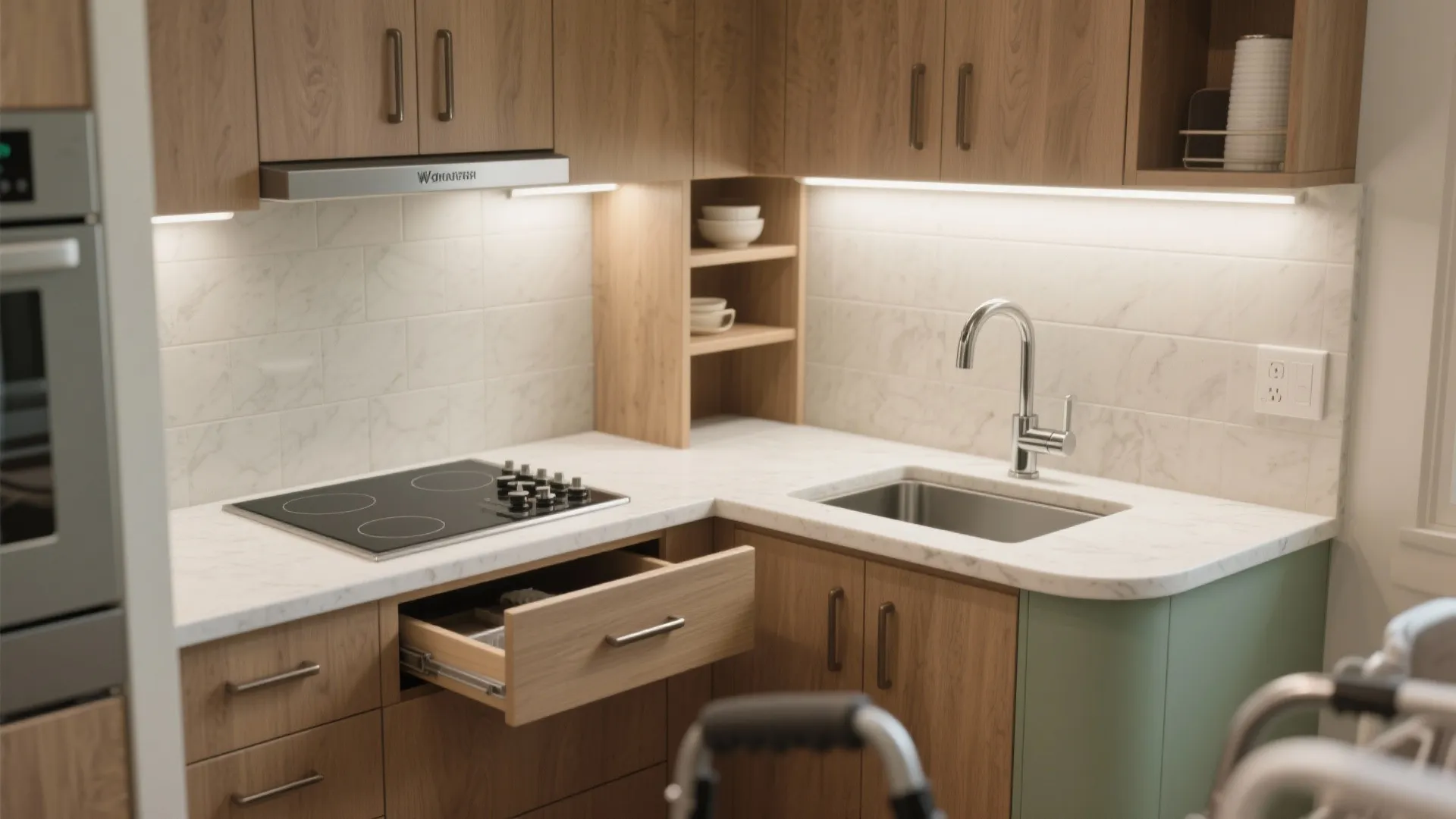 Small kitchen with wooden cabinets white stone countertop induction cooktop sink and an open drawer