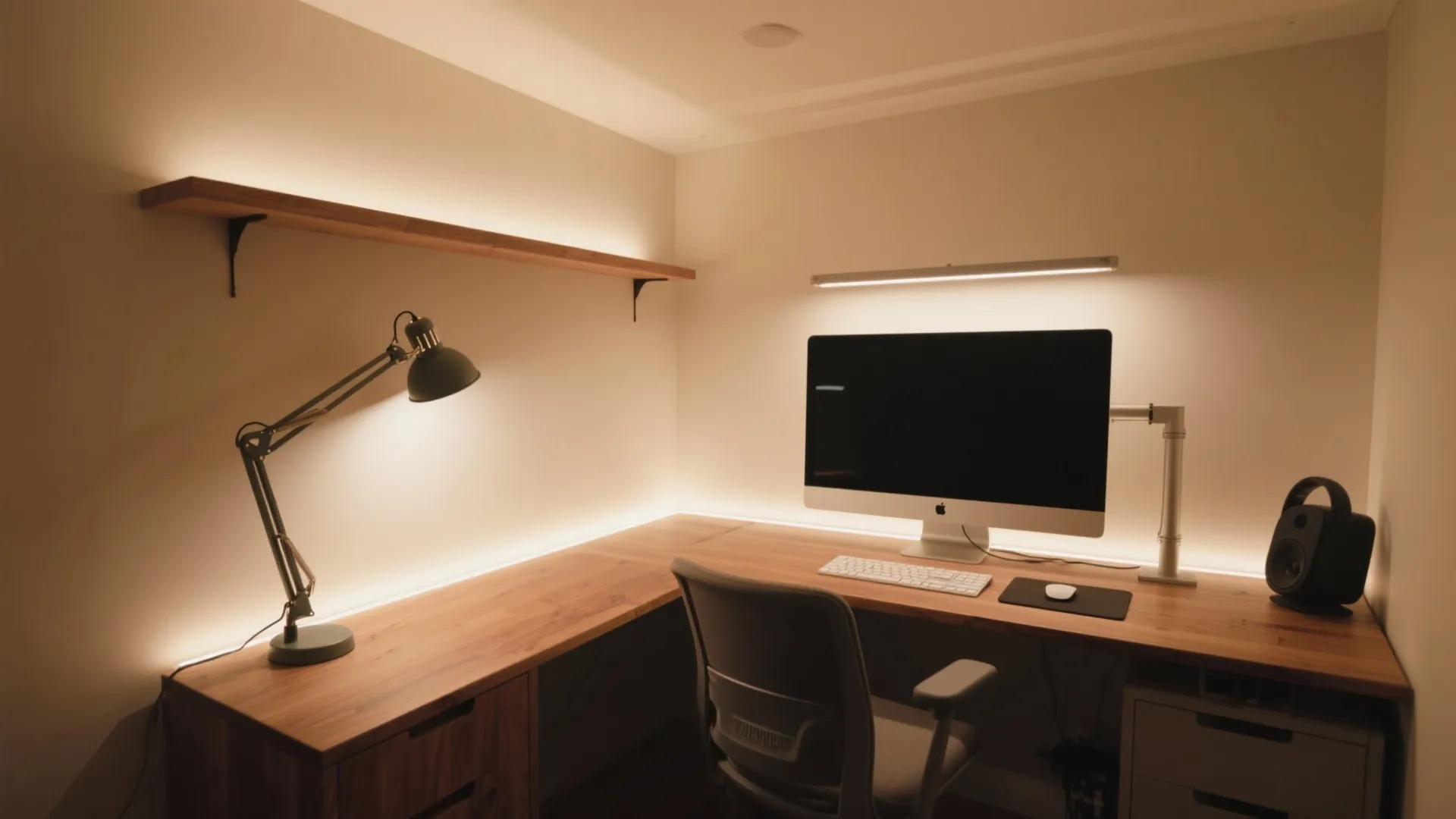 Minimalist home office with wooden desk, computer, green lamp, wall shelf, and warm ambient lighting