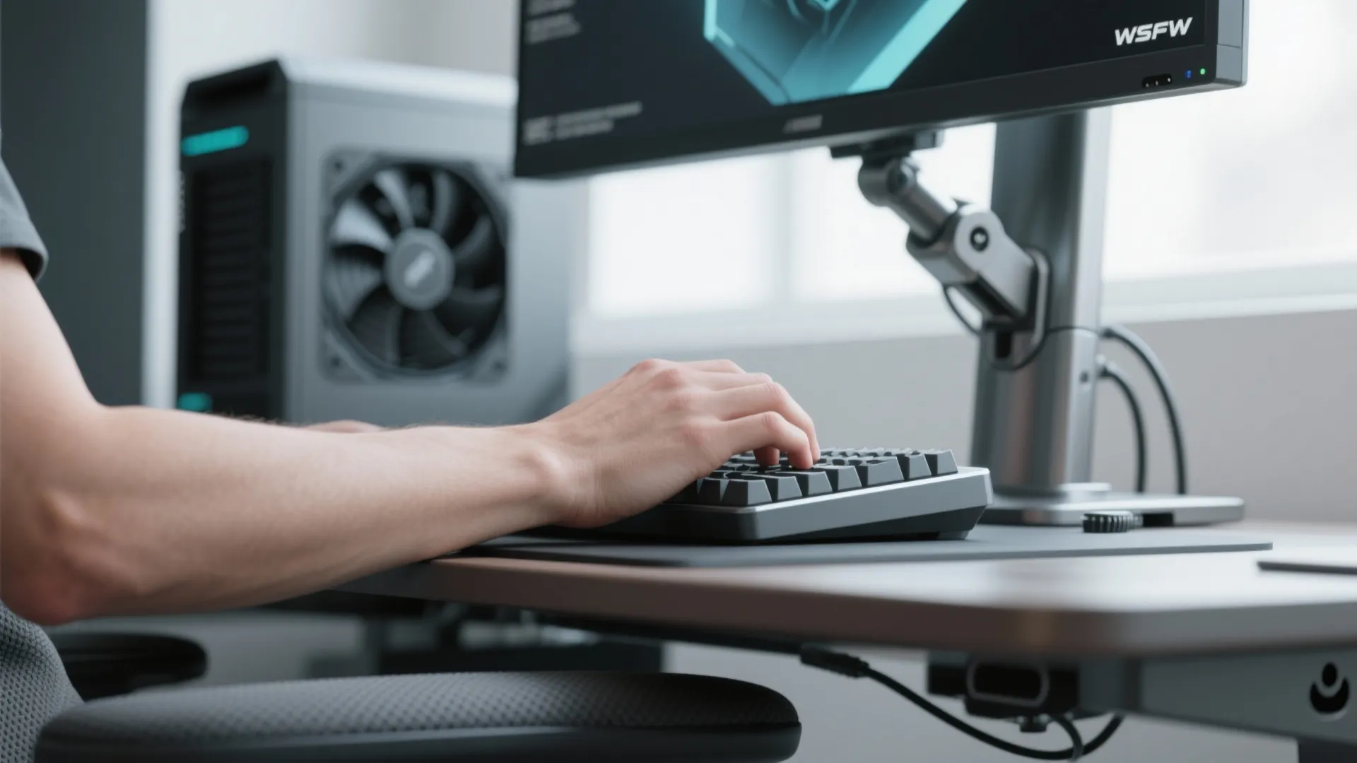 Modern office desk setup showing person typing on a keyboard with computer monitor and tower