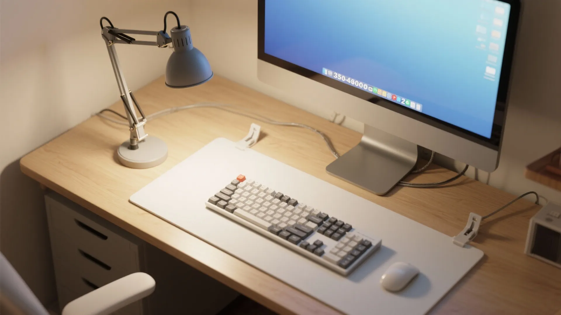 Top down view of modern wooden desk with monitor keyboard mouse grey lamp and mat