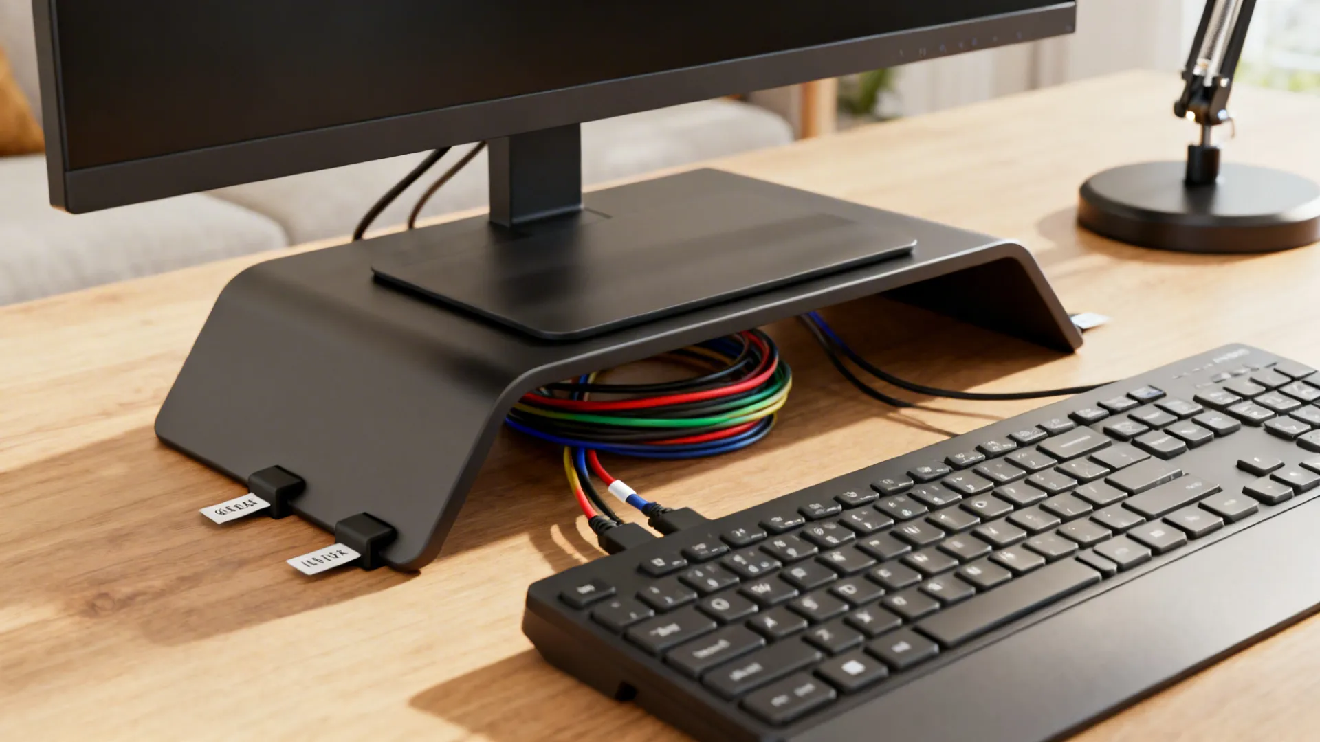 Monitor riser, keyboard, adjustable lamp and cable clips arranged on a wood surface.