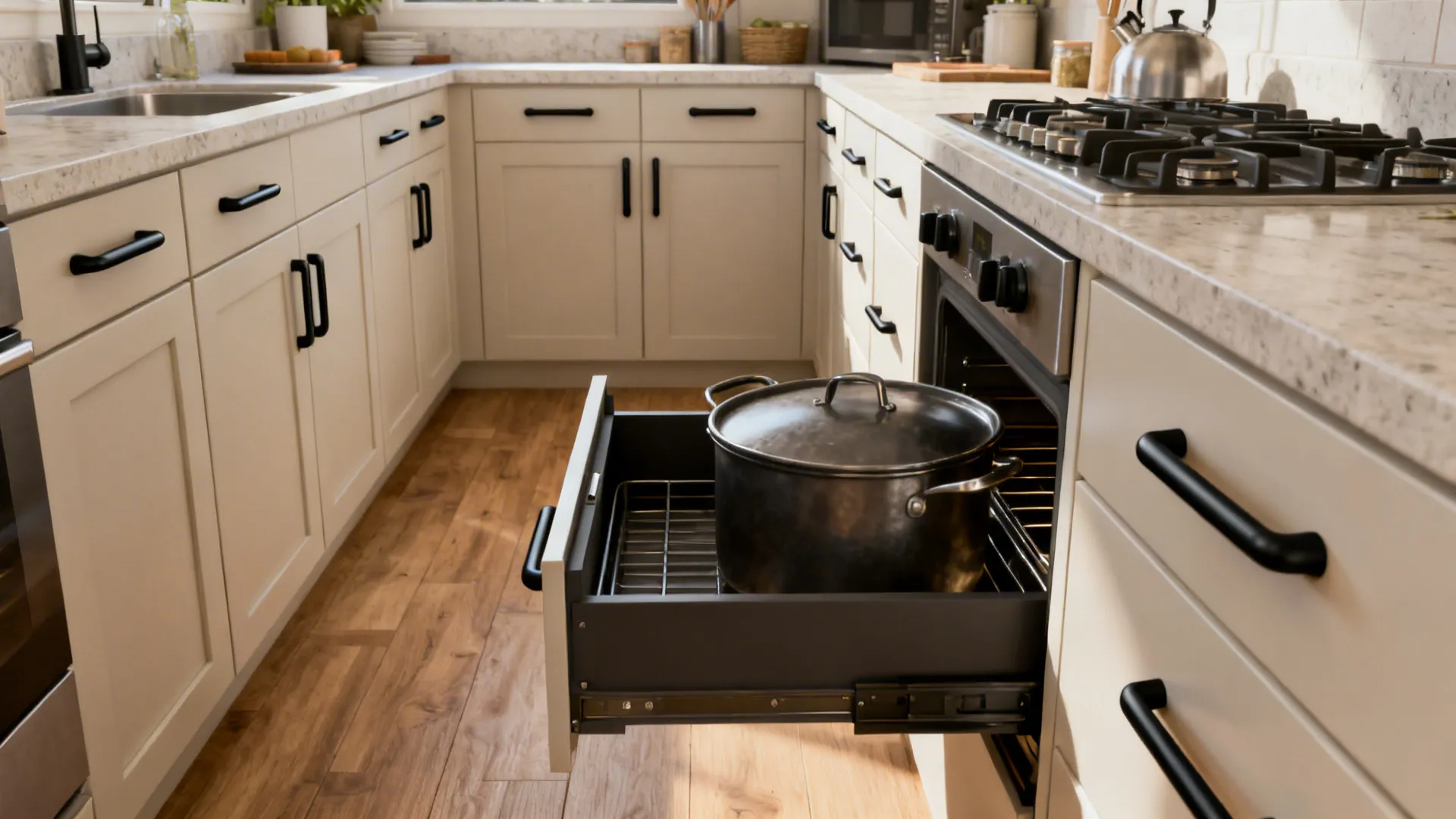 Compact galley kitchen with aligned matte black rounded bar pulls on deep drawers.