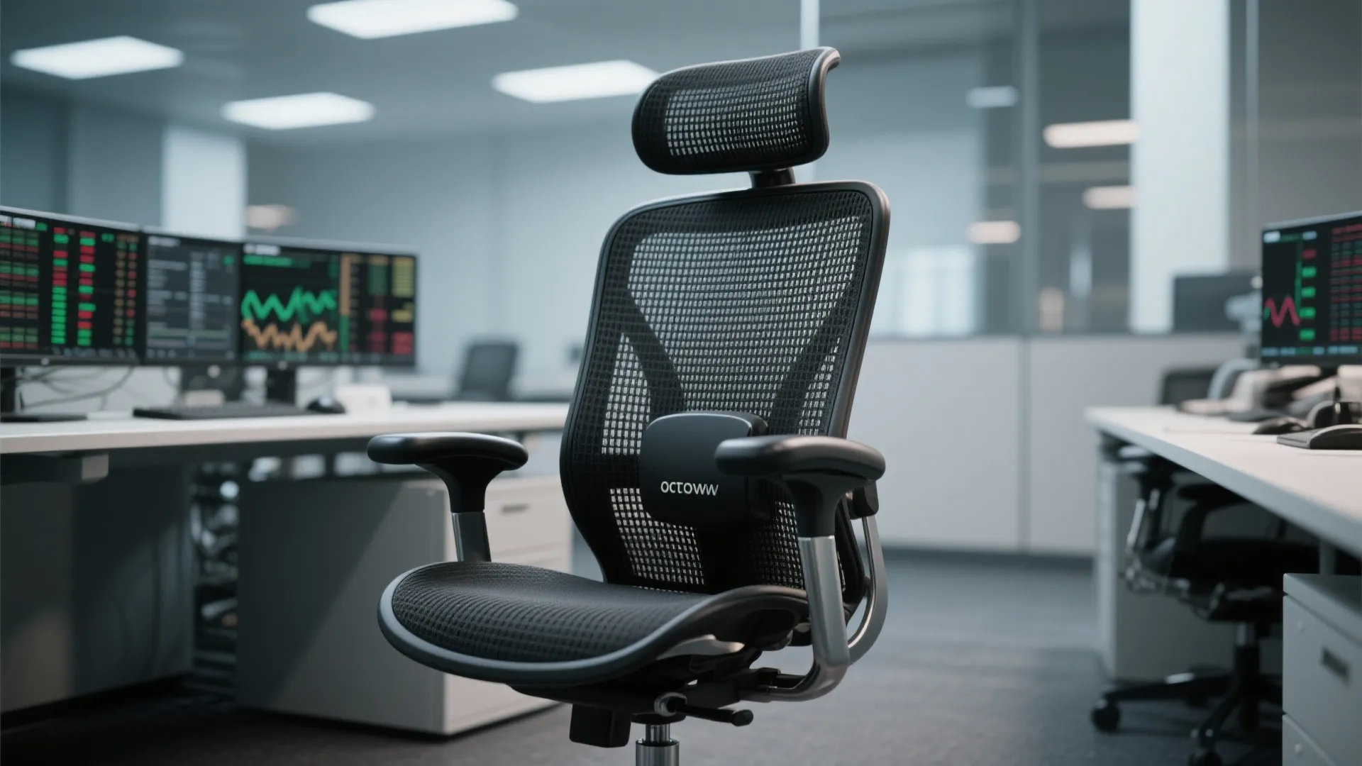 Black mesh office chair with headrest and armrests in a modern professional trading room office