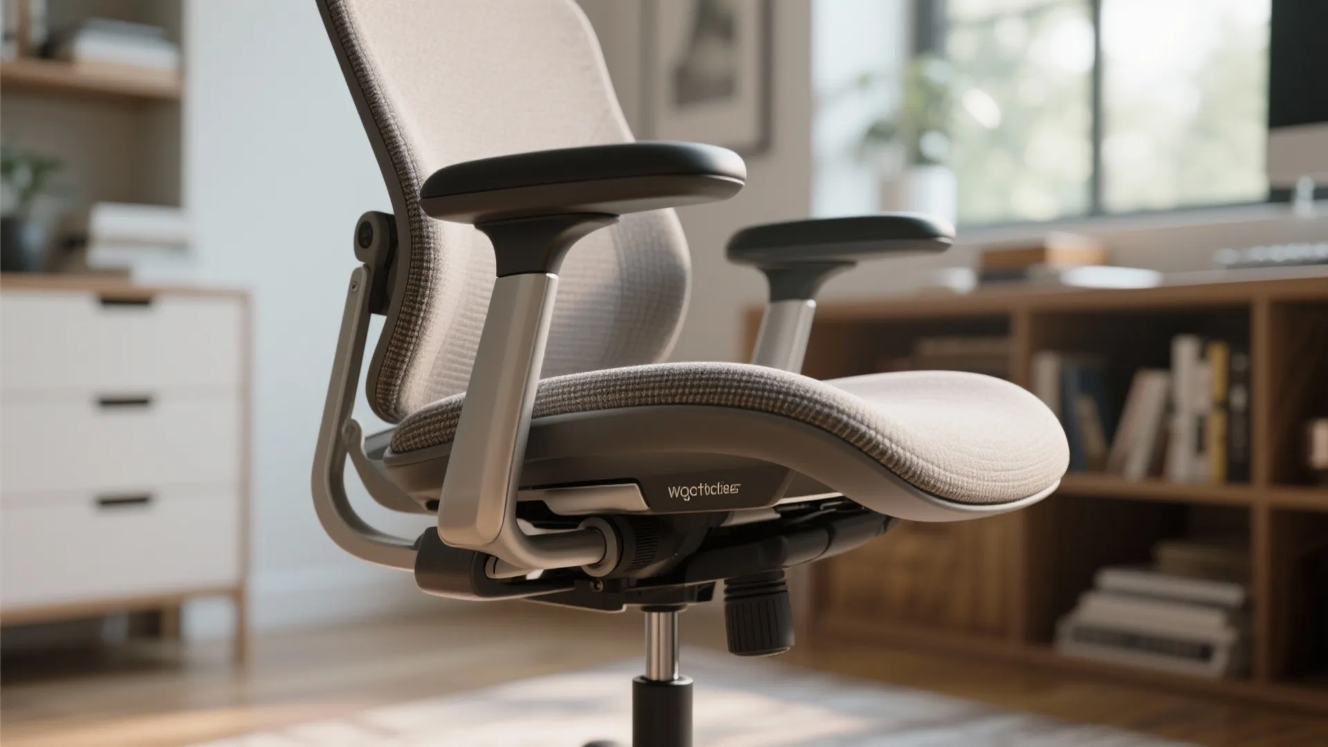 Close up of a grey modern office chair with armrests in a bright home office