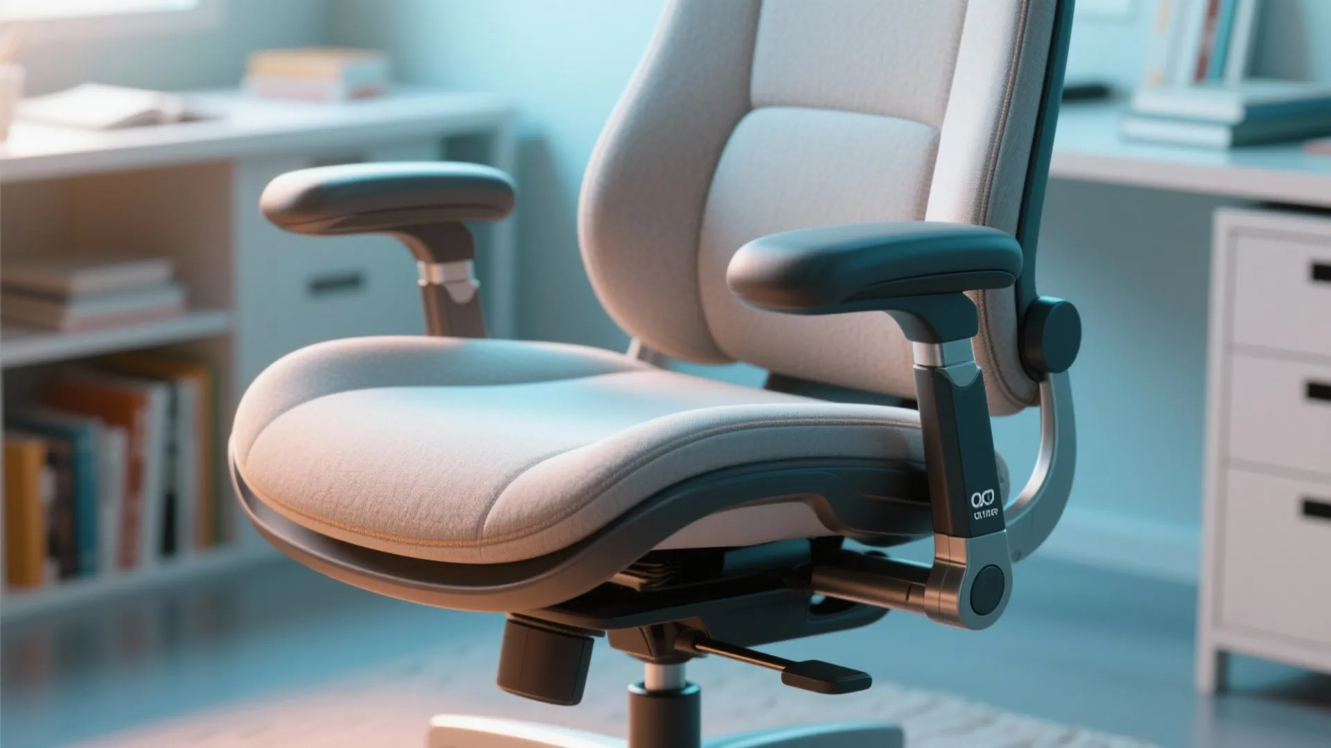 Close-up detail of ergonomic office chair in a study room