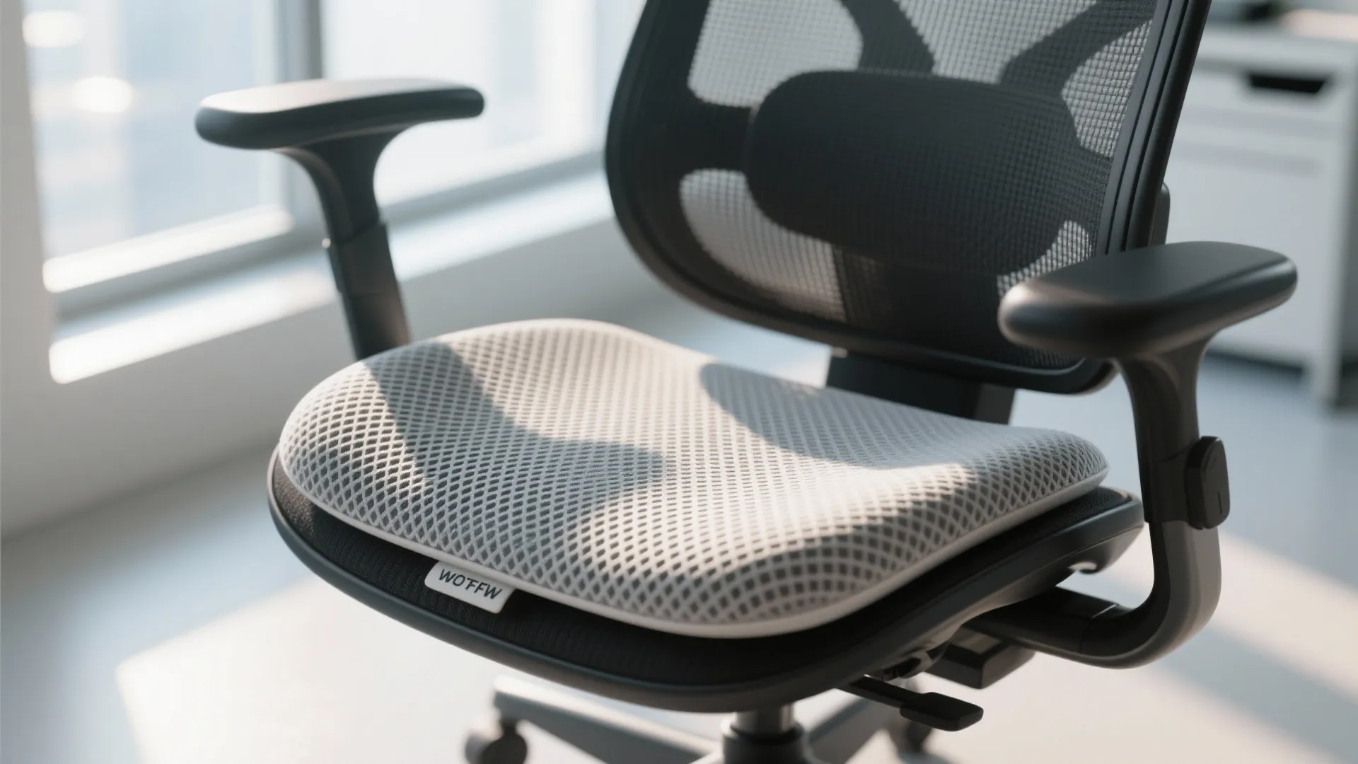 Grey mesh seat cushion placed on a black office chair in a bright modern room