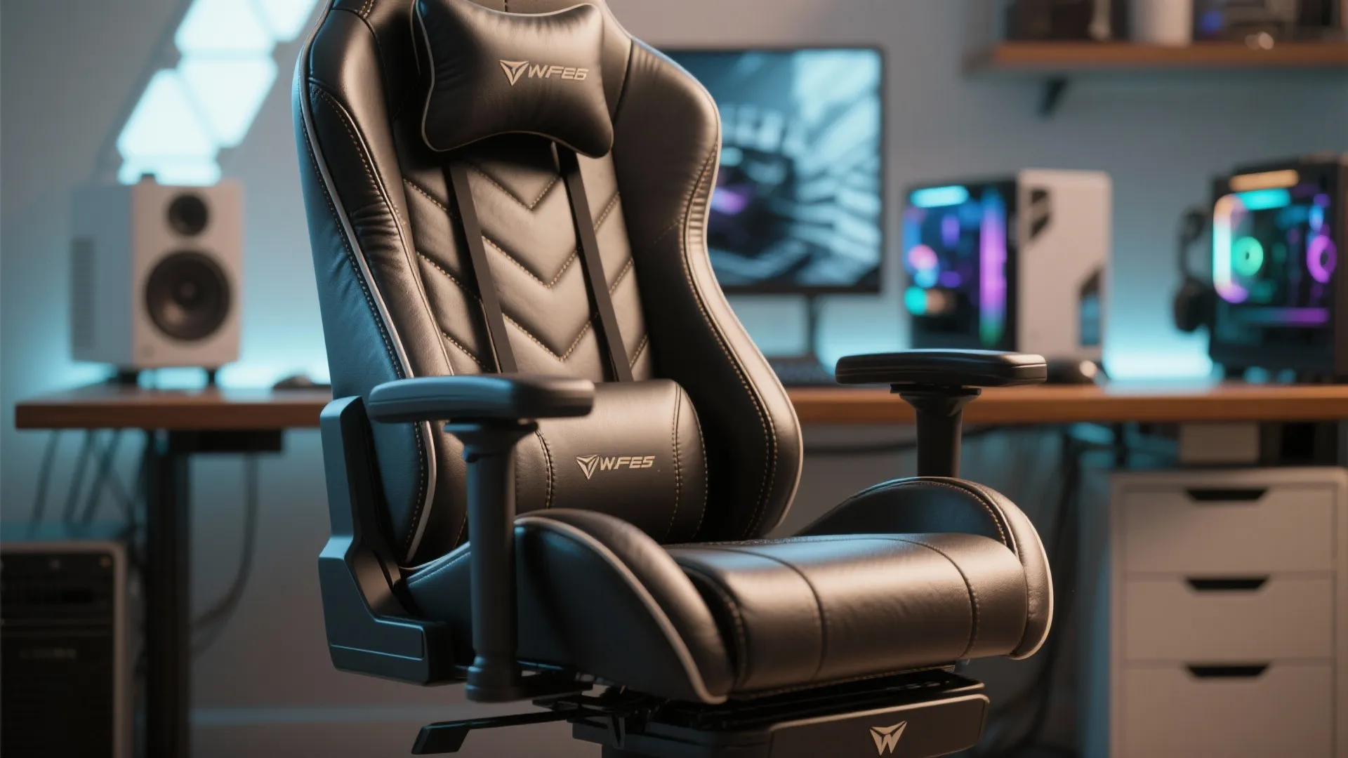 Close-up of ergonomic gaming chair with sleek design in a modern room
