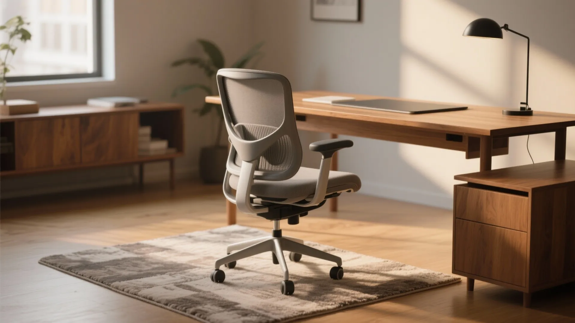 Modern ergonomic office chair with a wooden desk