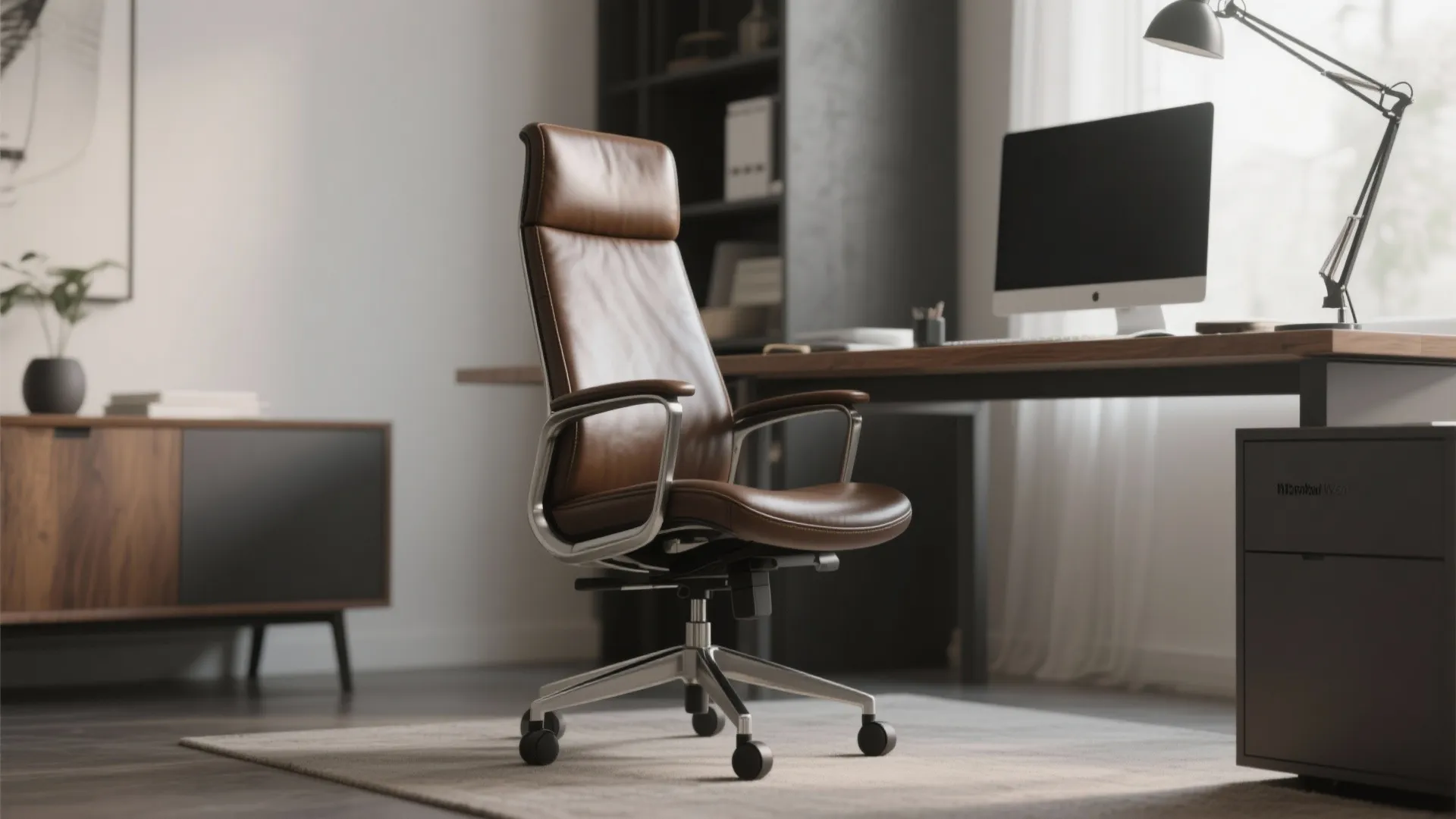 Leather ergonomic chair in masculine home office