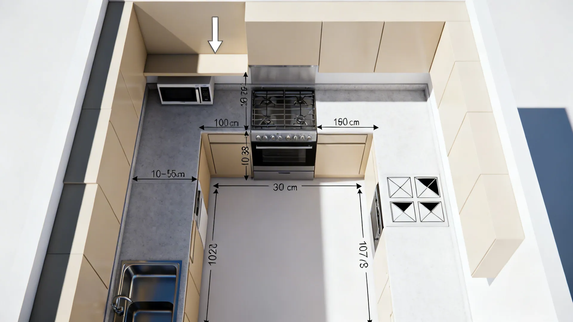 Top-down guideline visual showing ergonomic placement and landing zones in a small kitchen
