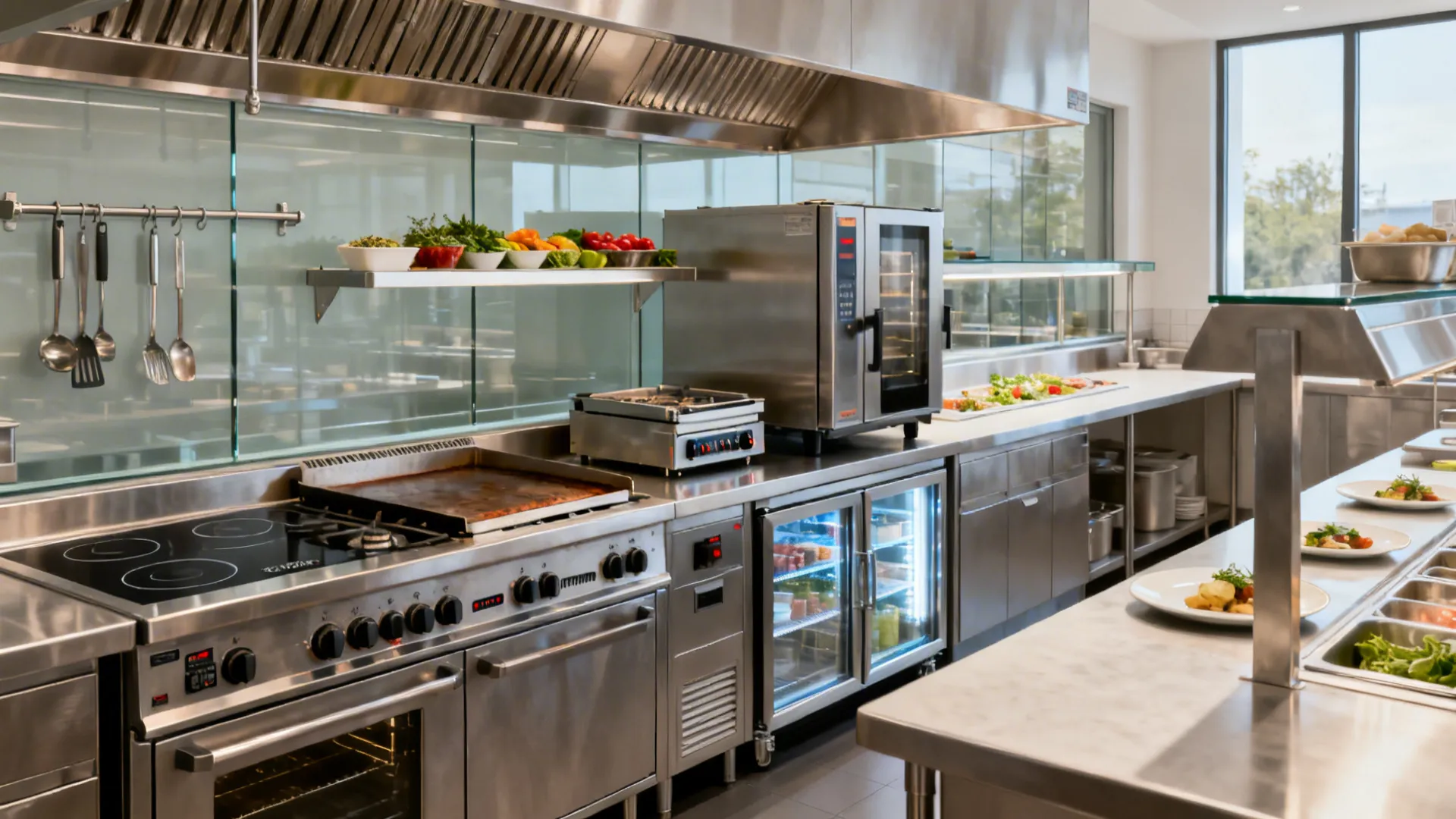 Compact cookline with induction, plancha, combi oven, and lowboys aligned for a straight prep-to-plate path.