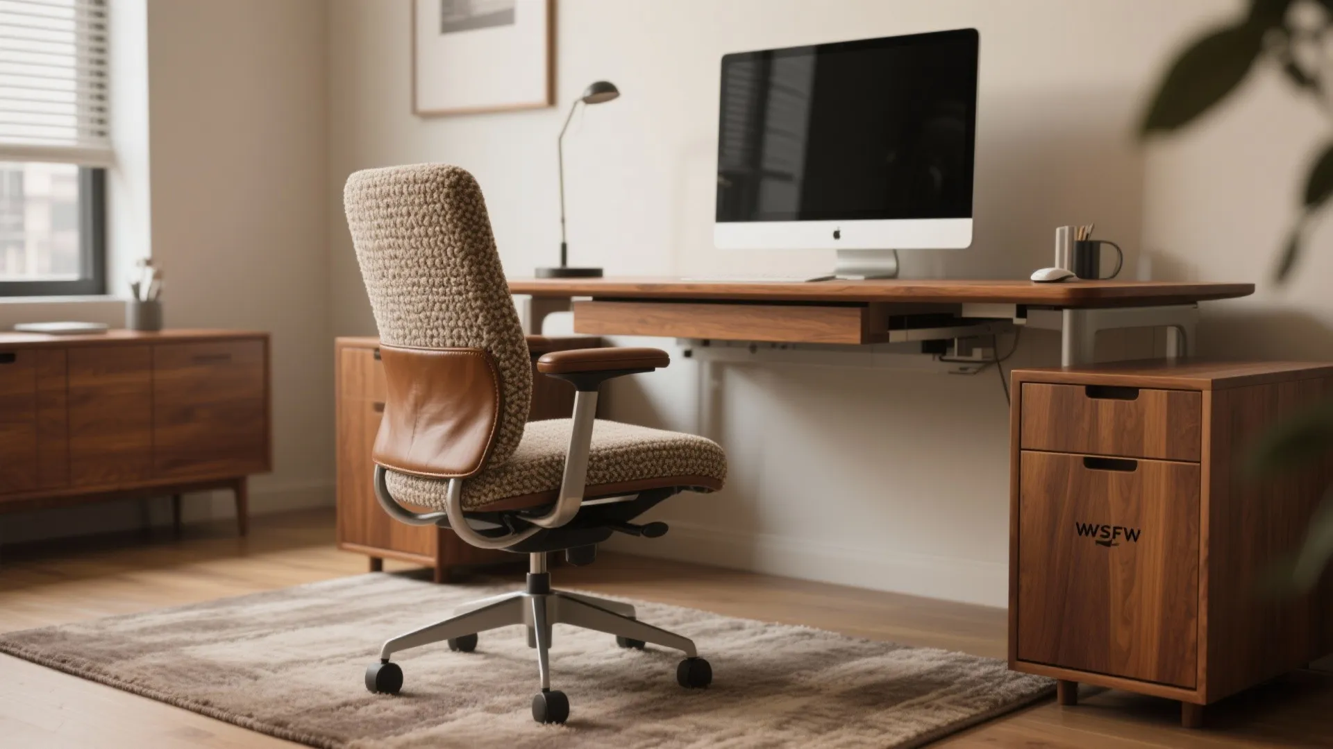 Comfortable desk chair facing a wooden desk with a computer and storage cabinet on rug