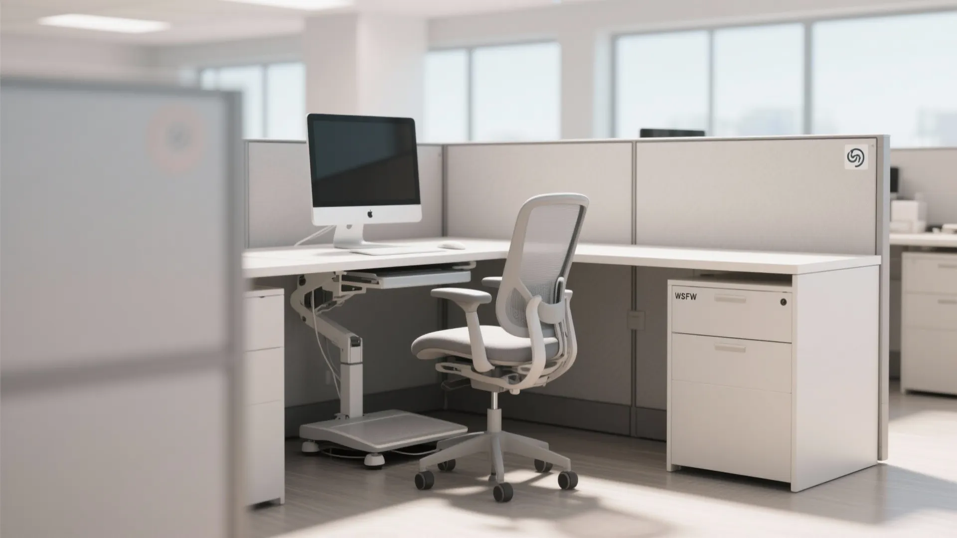 Modern office workstation with white desk grey ergonomic chair computer monitor and white storage cabinet